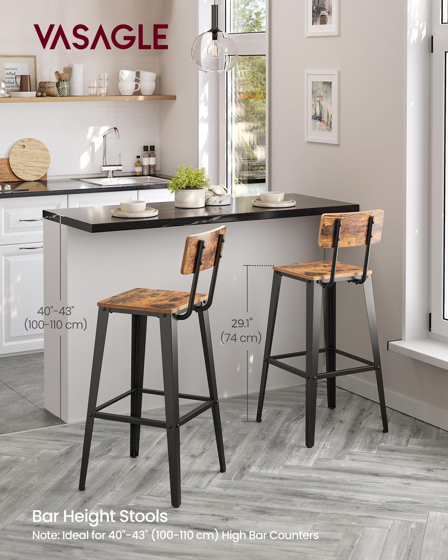 VASAGLE Set of 2 Bar Stools, Bar Height Stools, 29.1 Inches Tall Barstools with Back, Counter Bar Chairs for Kitchen Island, Steel Frame, Industrial Style, Easy Assembly, Rustic Brown and Ink Black