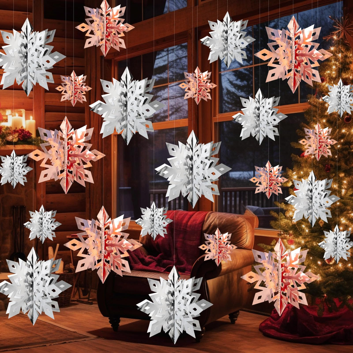 OuMuaMua Winter Christmas Snowflake Decorations Indoor, 24PCS 3D Silver Rose Gold Snowflakes Christmas Hanging Ornaments for Home Xmas Christmas Holiday Winter Wonderland New Year Party Decor Supplies