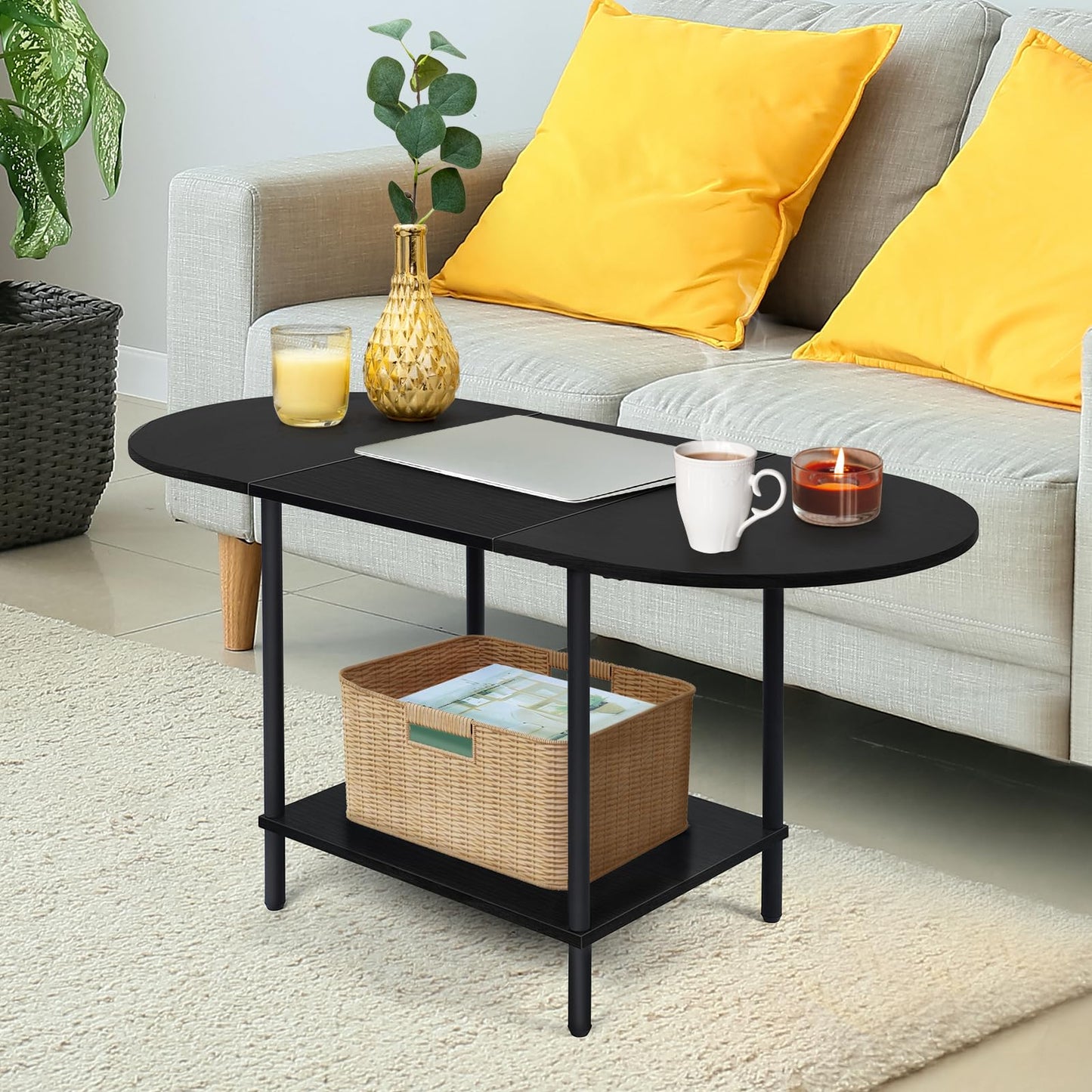 ETELI Black Coffee Tables for Living Room 2-Tier Small Oval Coffee Table Wood Accent Coffe Tables with Storage Shelf Modern Mesa De Centro Sala for Small Space, Home Office
