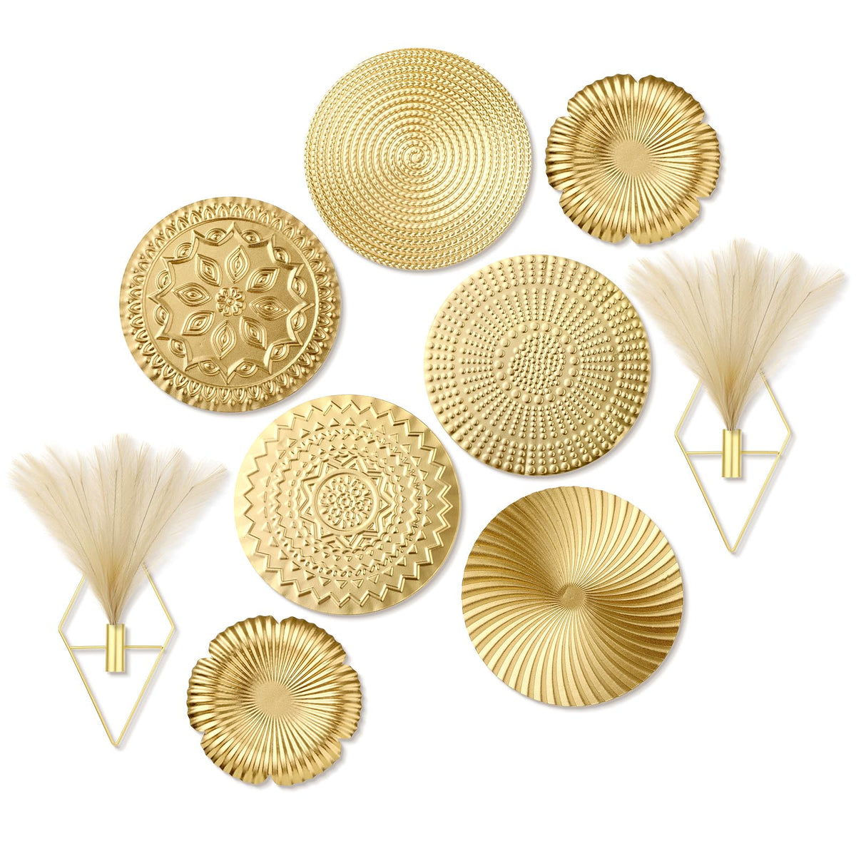 Wesiti 9 Pcs Gold Metal Wall Art Set Hanging Planters with Artificial Pampas Grass Modern Boho Wall Decor Set for Living Room Bedroom Bathroom Office