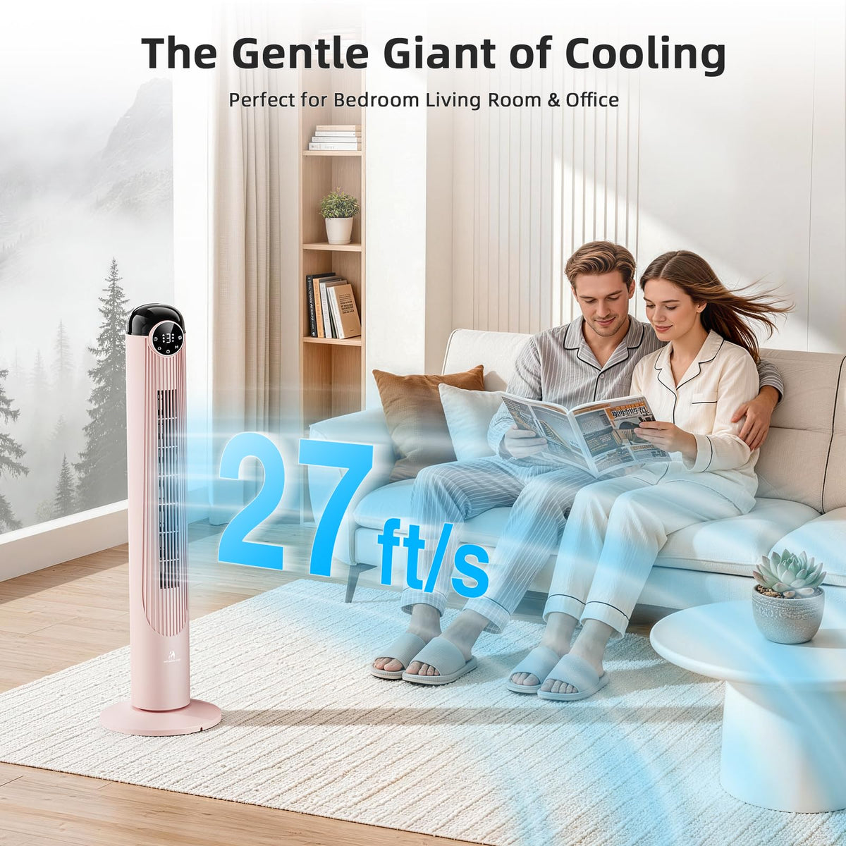 Antarctic Star T36 Tower Fan-36 Inch, Bladeless Oscillating Fan with Remote, 6 Speeds & 4 Modes, LED Display, 9H Timer, Quiet Floor Standing Fan for Bedroom Living Room Office, Pink