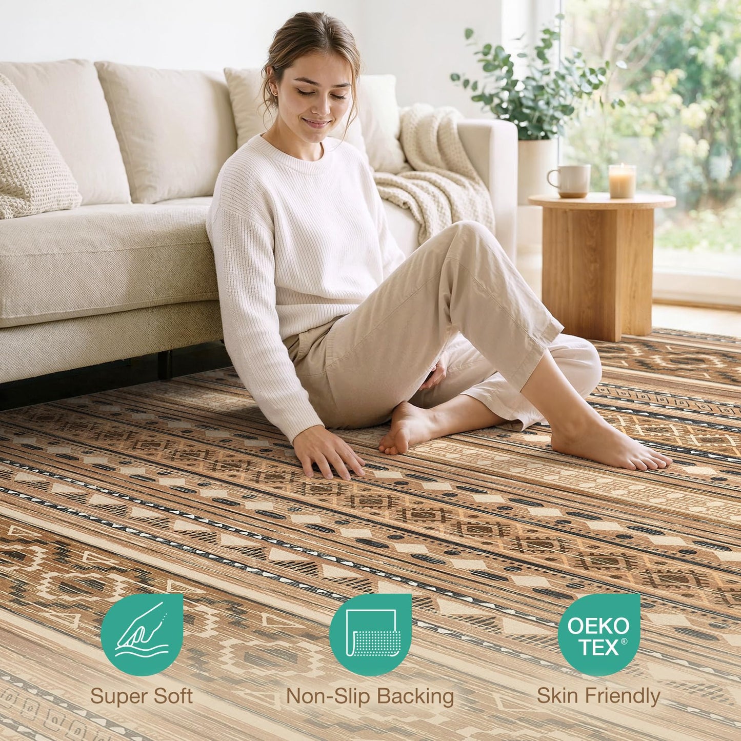 cotiled 5x7 Area Rugs Living Room Rug: Washable Boho Rugs with Non Slip Backing Large Soft Indoor Stain Resistant Carpet for Bedroom Farmhouse Dining Room Lightweight Home Decor Brown/Beige