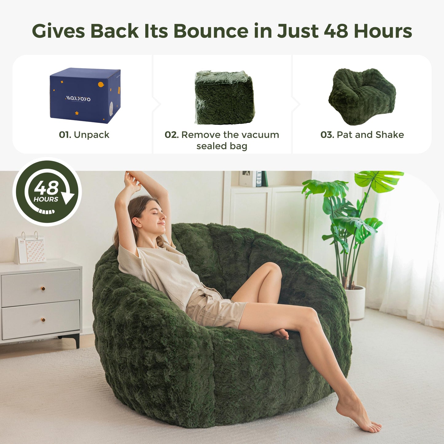 MAXYOYO Giant Bean Bag Chair for Adults, Stuffed Shell-Shaped Large Bean Bag Couch, Cozy Living Room Chair with Filler, Floor Sofa Lazy Sofa for Bedroom Living Room, Green, Standard