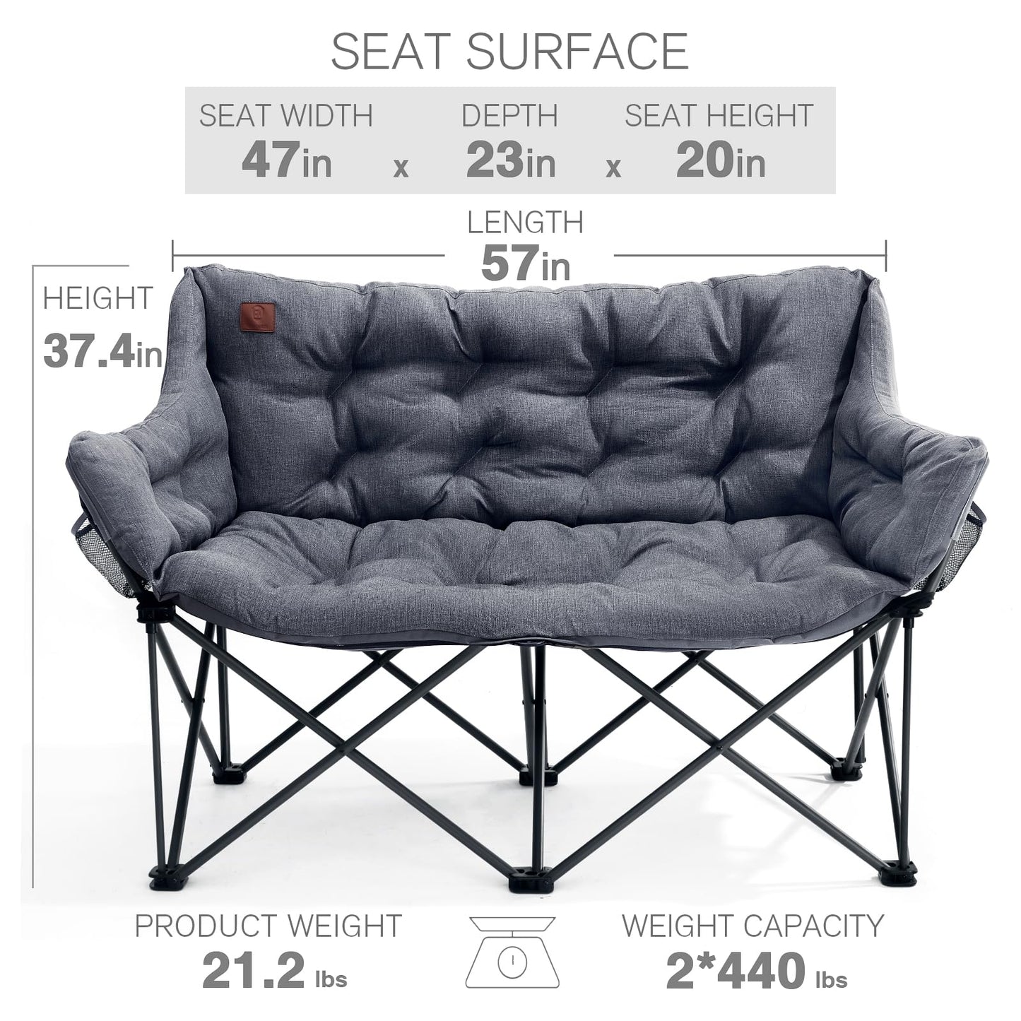 EVER ADVANCED Extra Large Double Camping Chair for Adults, Family Size Padded Folding Camping Love Seat Bench with Side Pocket Portable Camping Couch, Two Person Heavy Duty Folding Outdoor Chair