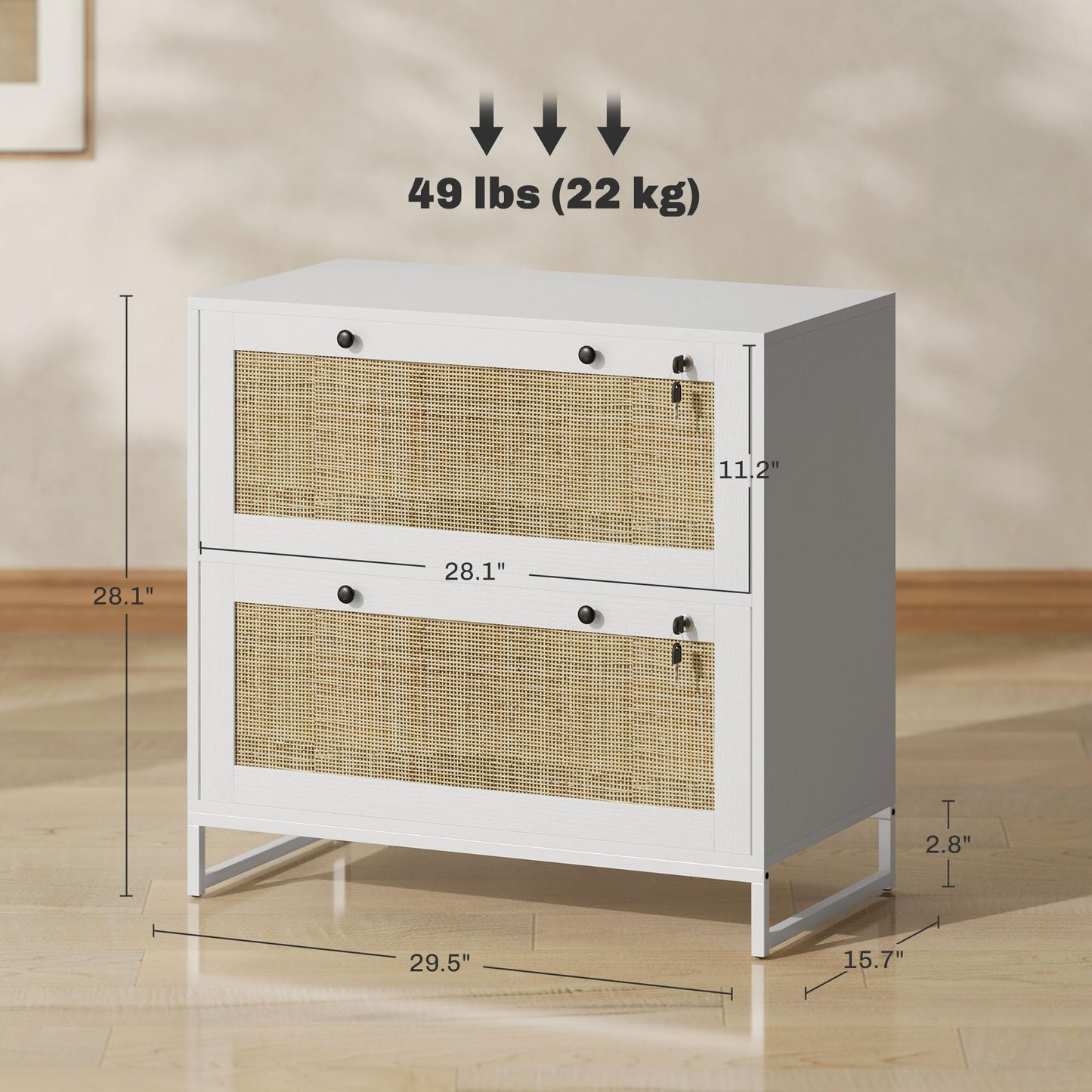 Vinsetto 2 Rattan Drawer File Cabinet with Lock, Lateral Filing Cabinet with Adjustable Hanging Bar for Letter, A4 and Legal Size Files, Printer Stand for Home Office, White