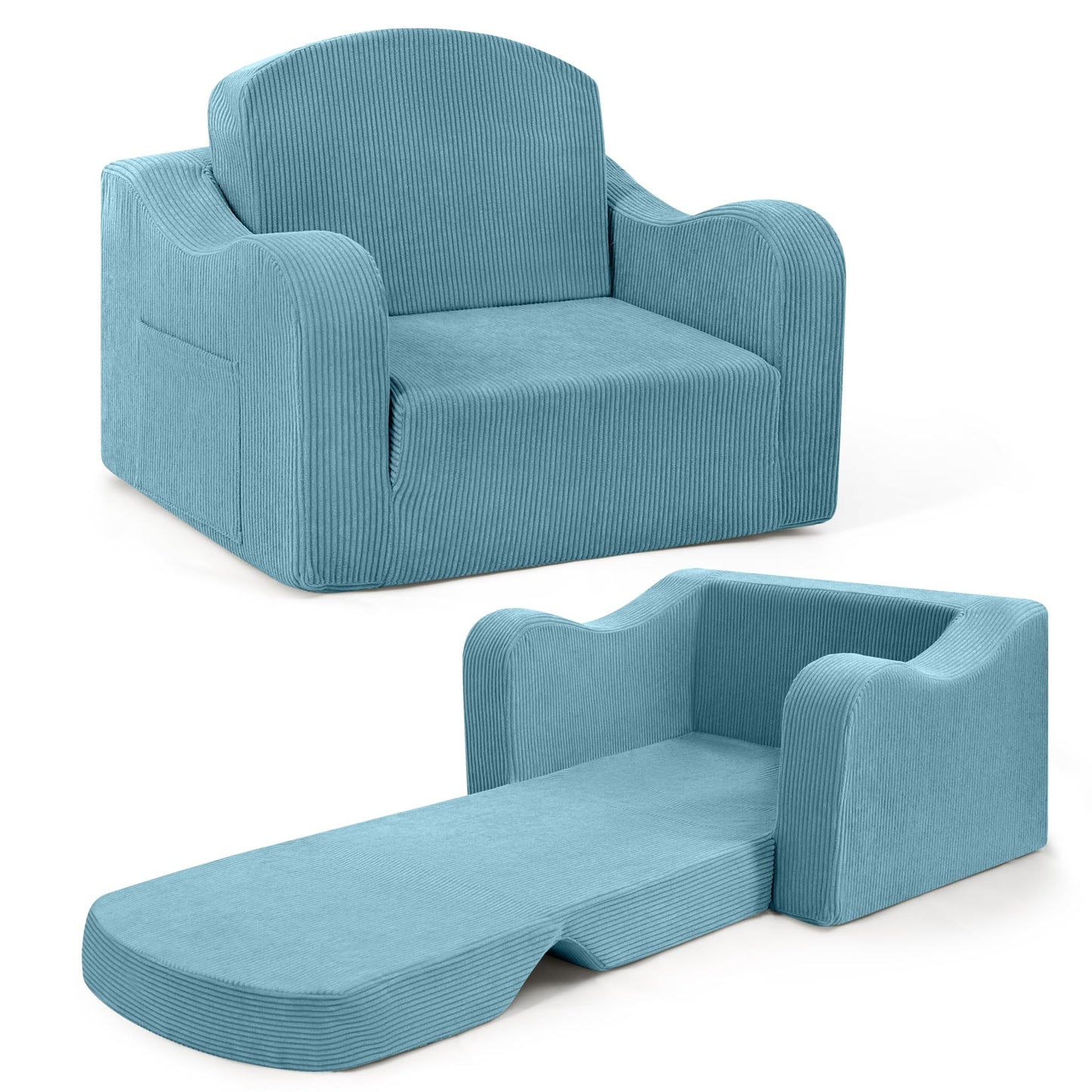 aodisman 2-in-1 Kids Chair and Couch, Thick Cozy Corduroy Kids Sofa, Convertible Foam Seating for Reading, Playing, Removable Washable Cover,Blue
