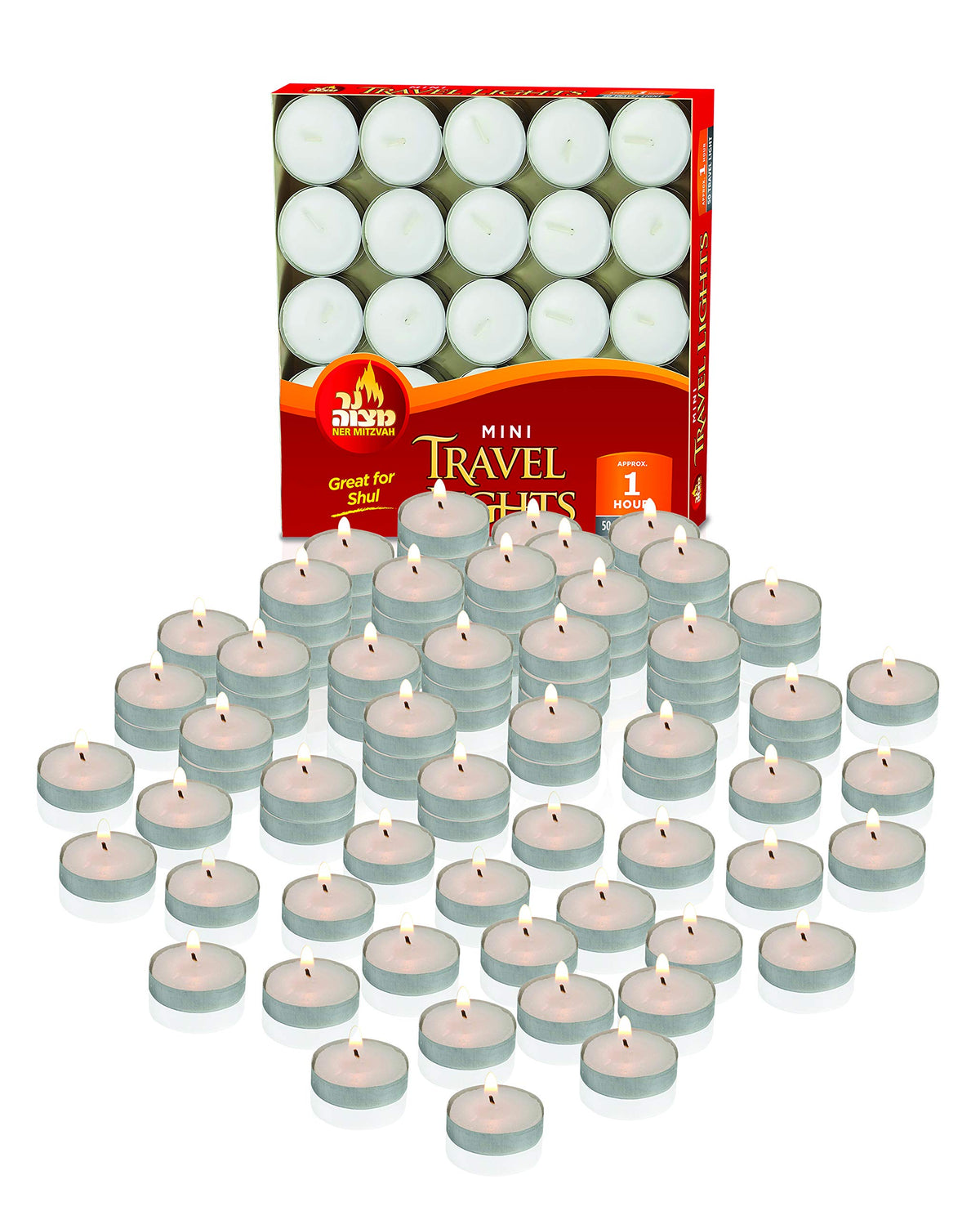 Ner Mitzvah Mini Tea Light Candles, White Unscented Travel, Centerpiece, Decorative Candle, 1 Hour Burn Time, Pressed Wax - Bulk (Pack of 50)