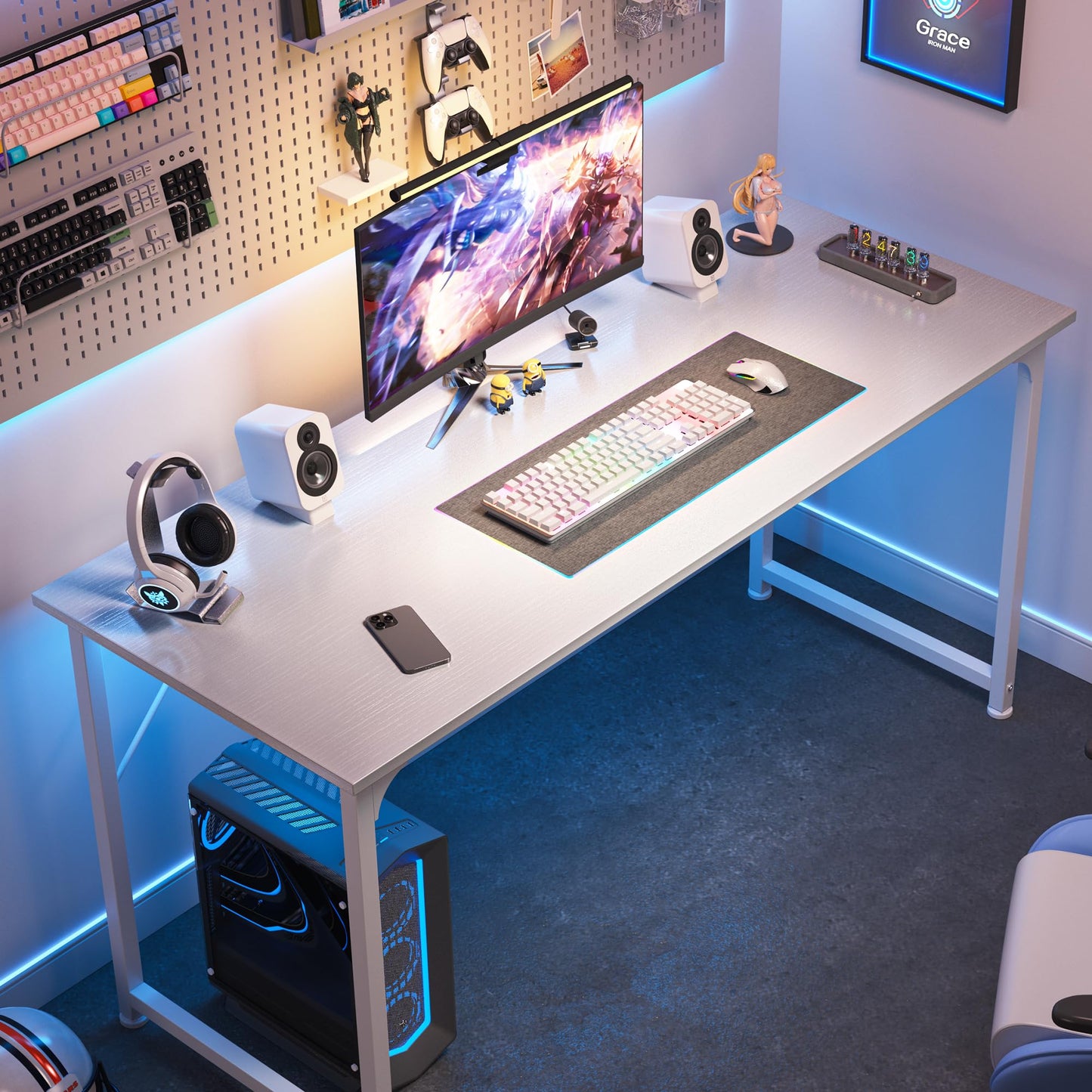 Huuger Computer Desk, 55 Inch Home Office Desk, Gaming Writing Work from Home Study Desk, Large Legroom, Sturdy Metal Frame, Modern Simple, White