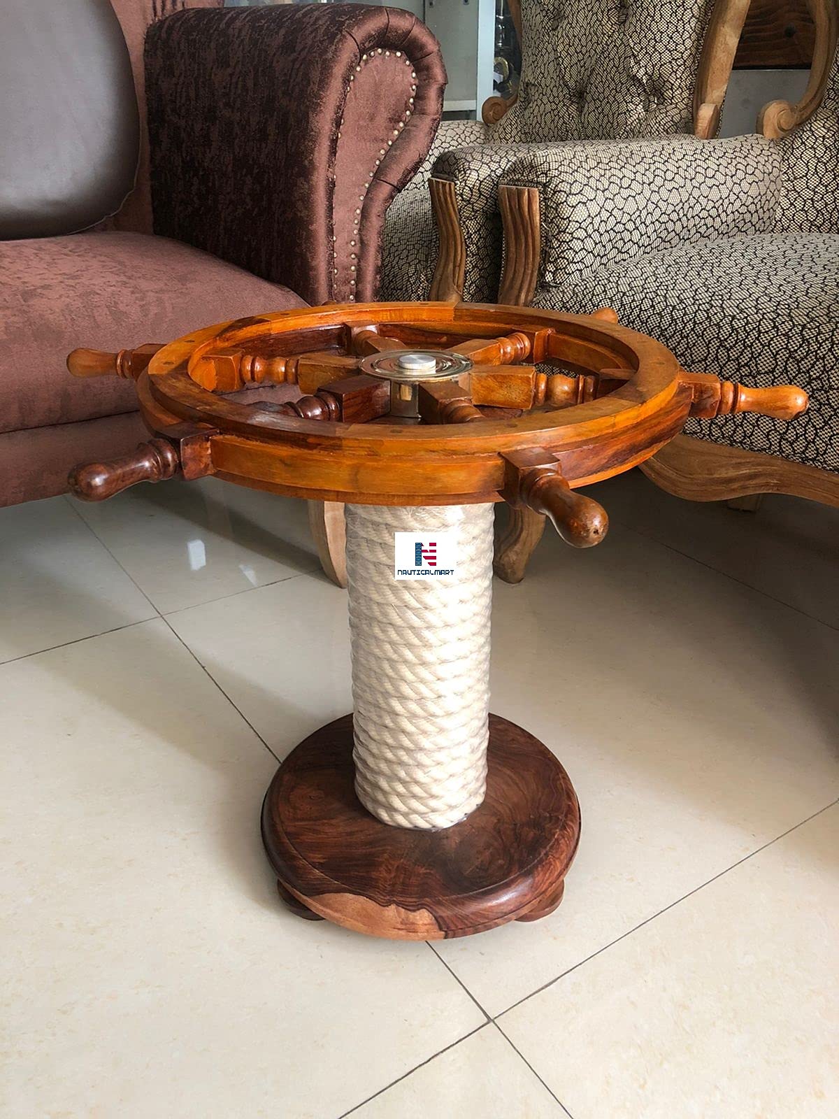 Nautical-Mart Wooden Ship Wheel Table w/Rope Base Home Office Furniture Decor (30 Inches)