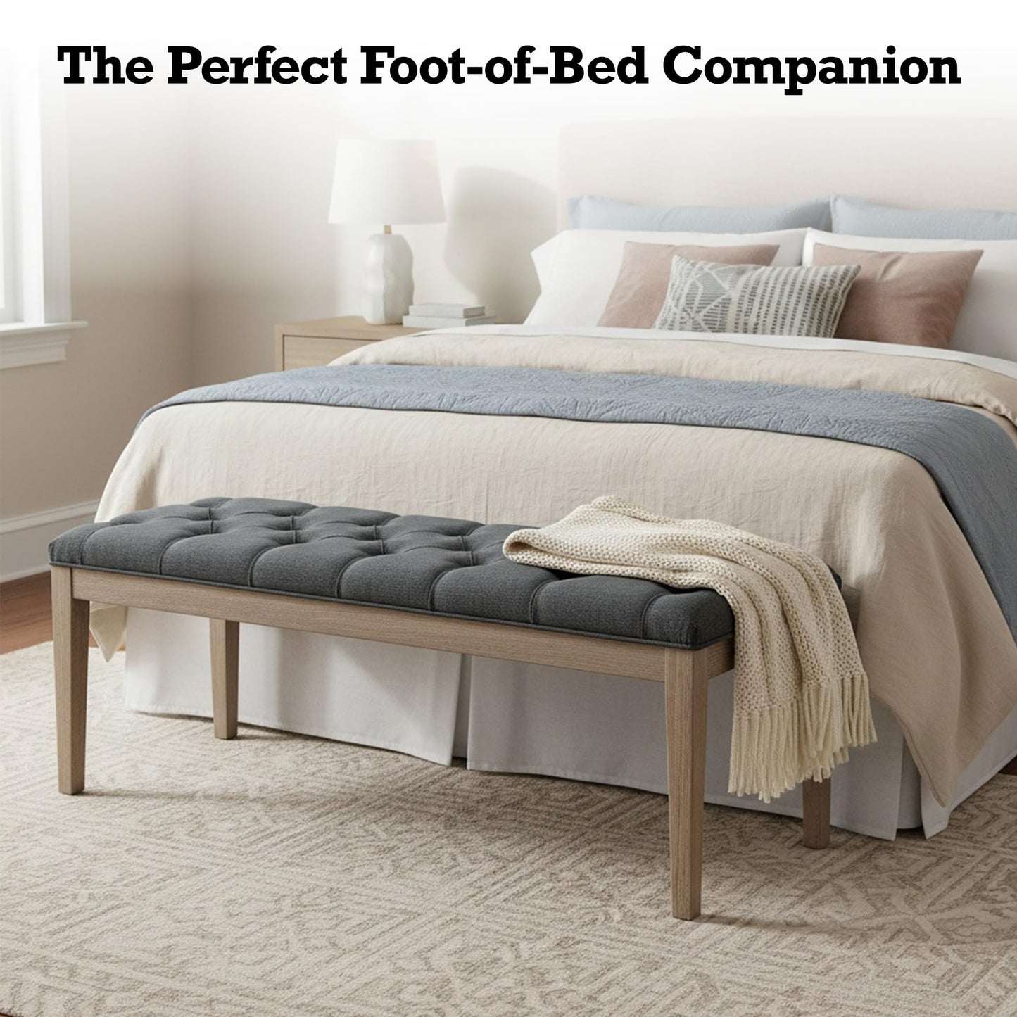 Lux Home Upholstered Bench - French Contemporary Designer Style, Rubber Wood Frame & Premium Linen | Foot of Bed, Living Room Accent or Entryway Seat (Grey, 31-1/2"W)