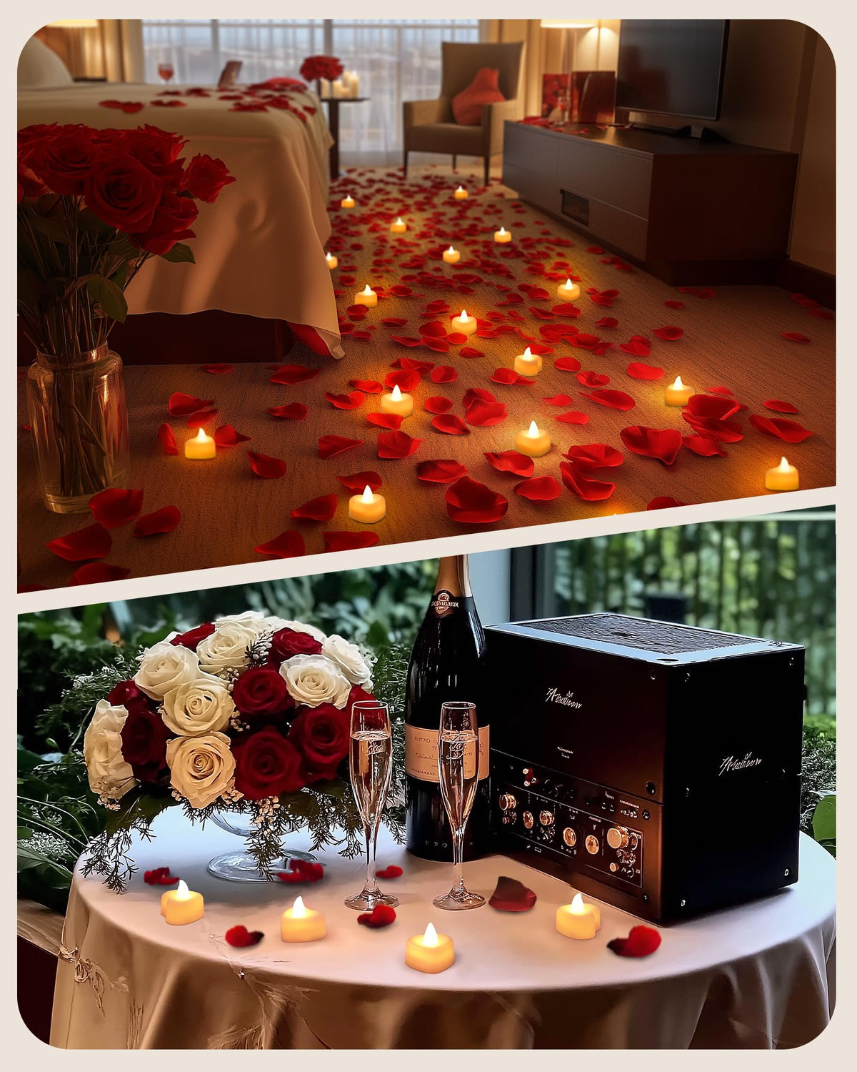 Amagic 4000 Pieces Artificial Rose Petals with 50 Heart LED Tea Lights Candles Kit, Rose Petals and Candles Set for Proposal, Anniversary, Special Romantic Night, Wedding Table Decor