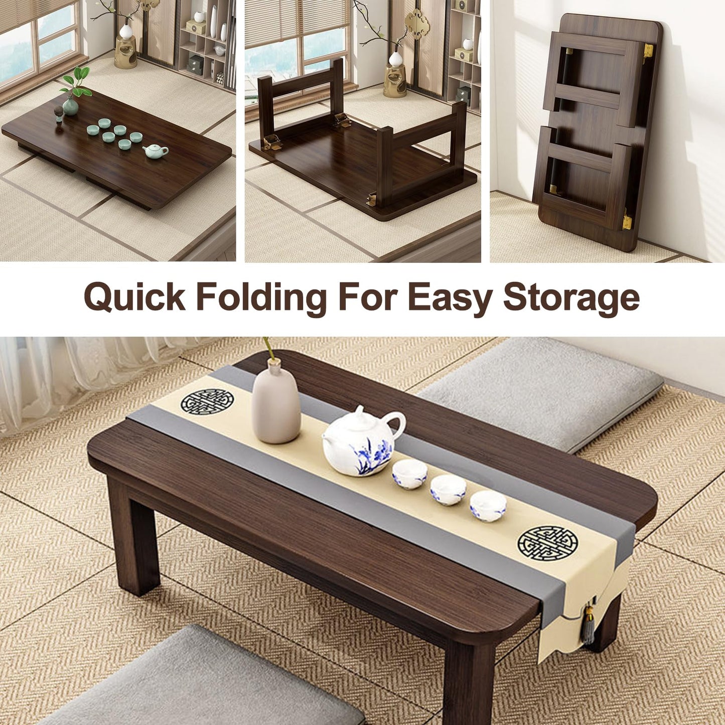 robwibw Japanese Floor Sitting Table, Folding Wood Tea Table Chabudai Japanese Coffee Table Low Table for Living Room Home Tatami Office (A 31.5 * 15.7 * 11.8 INCH)