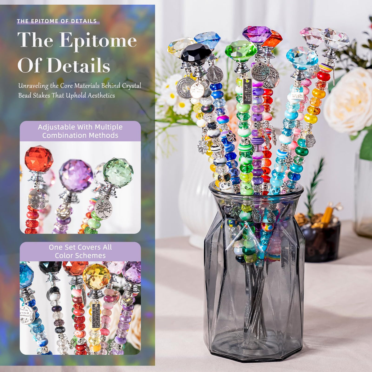 513Pcs DIY Beaded Garden Stakes, Fairy Wand Kit Garden Stakes Decorative with 18 Threaded Rod, Crystal Top, Large Holes Bead for Christmas Plants Garden Outdoor&Indoor Decorative（12IN）