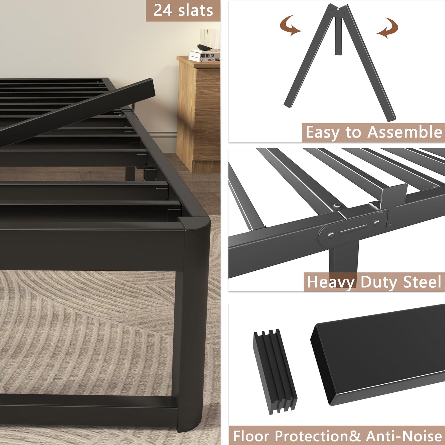 ZTH Full Size Metal Platform Bed Frame 16 in, No Box Spring Needed, Black