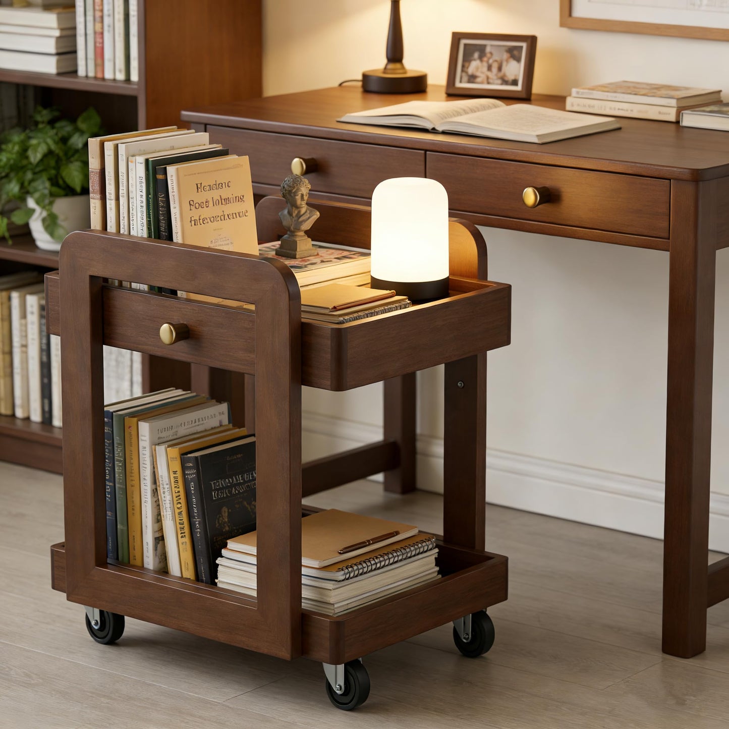 Rosolaratop Solid Wood Bar Cart with Drawer, 2-Tier Mobile Side Table with Universal Wheels, Walnut Finish Storage Trolley for Living Room, Tea Room, Bedroom