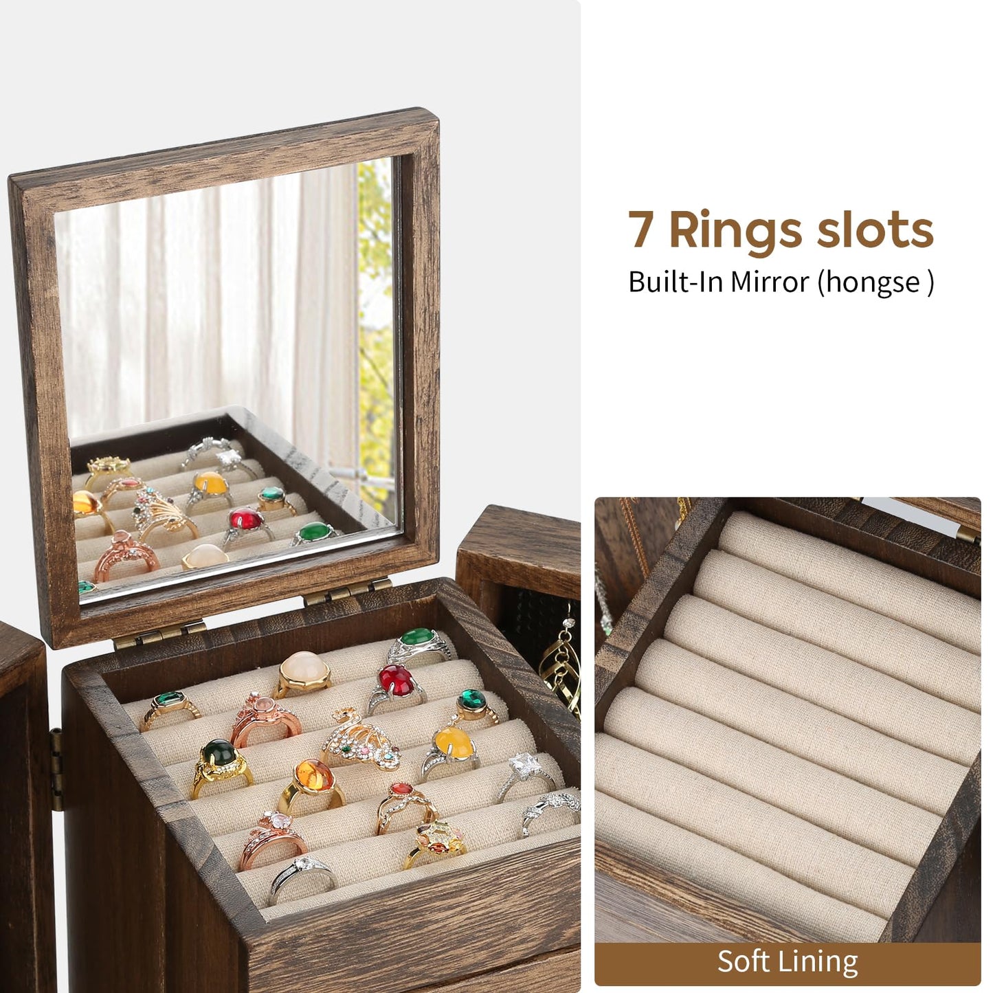 Meangood Jewelry Box Wood for Wowen, 5-Layer Large Organizer Box with Mirror & 4 Drawers for Rings, Earrings, Necklaces, Walnut