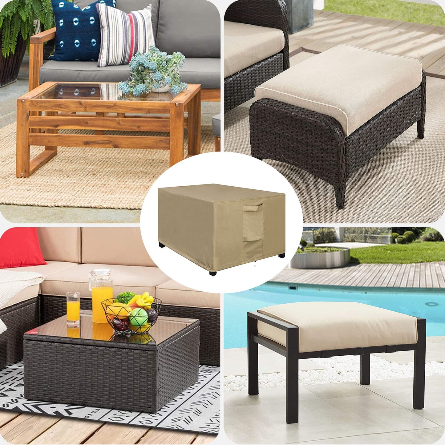 OutdoorLines Outdoor Waterproof Patio Ottoman Covers - Rectangle UV-Proof Patio Side Table Cover Windproof Heavy-Duty Furniture Covering Protector 48L x 25W x 18H Inch, Camel