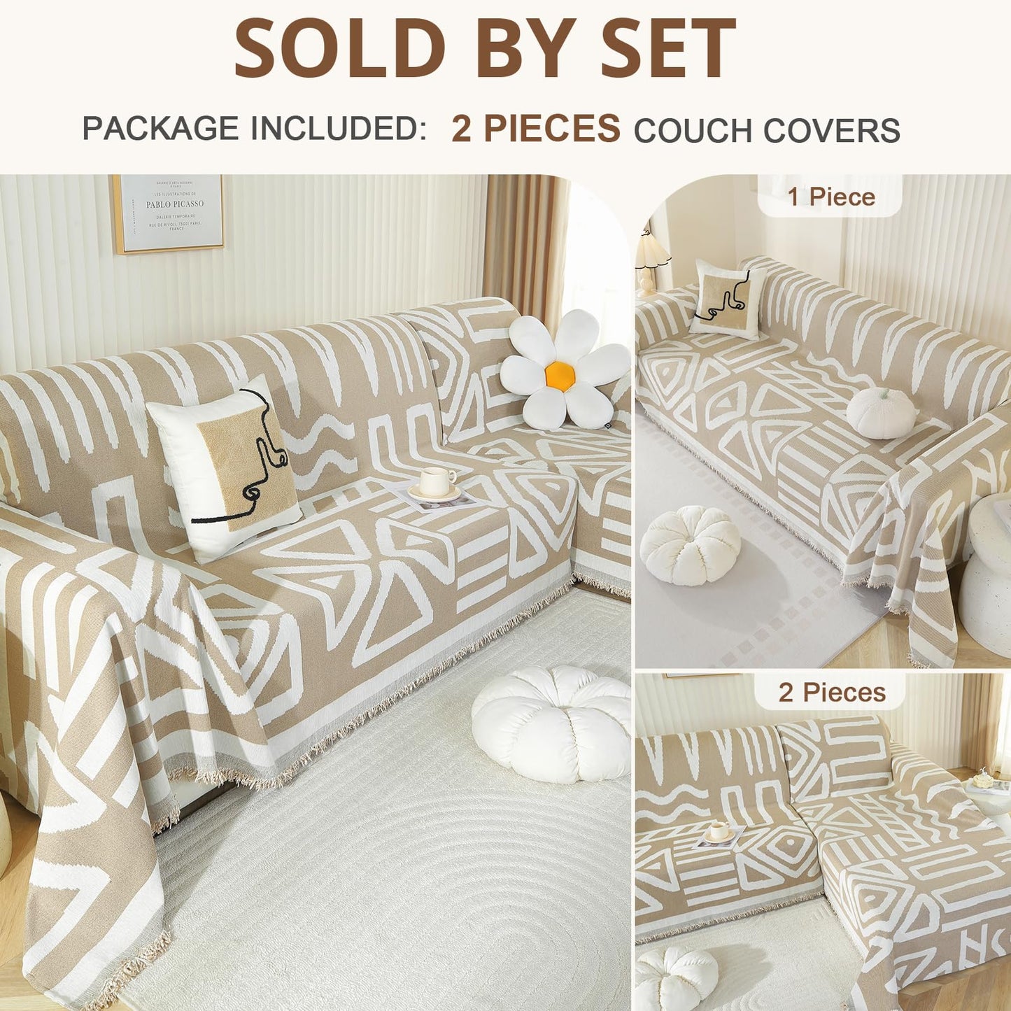 Royhom Sectional Couch Covers 2 Pieces, L Shaped Couch Cover Blanket, Boho Sofa Covers Washable, Sofa Slipcover with Tassel, Suitable for All Seasons (71"x110"+71"x118", Khaki)