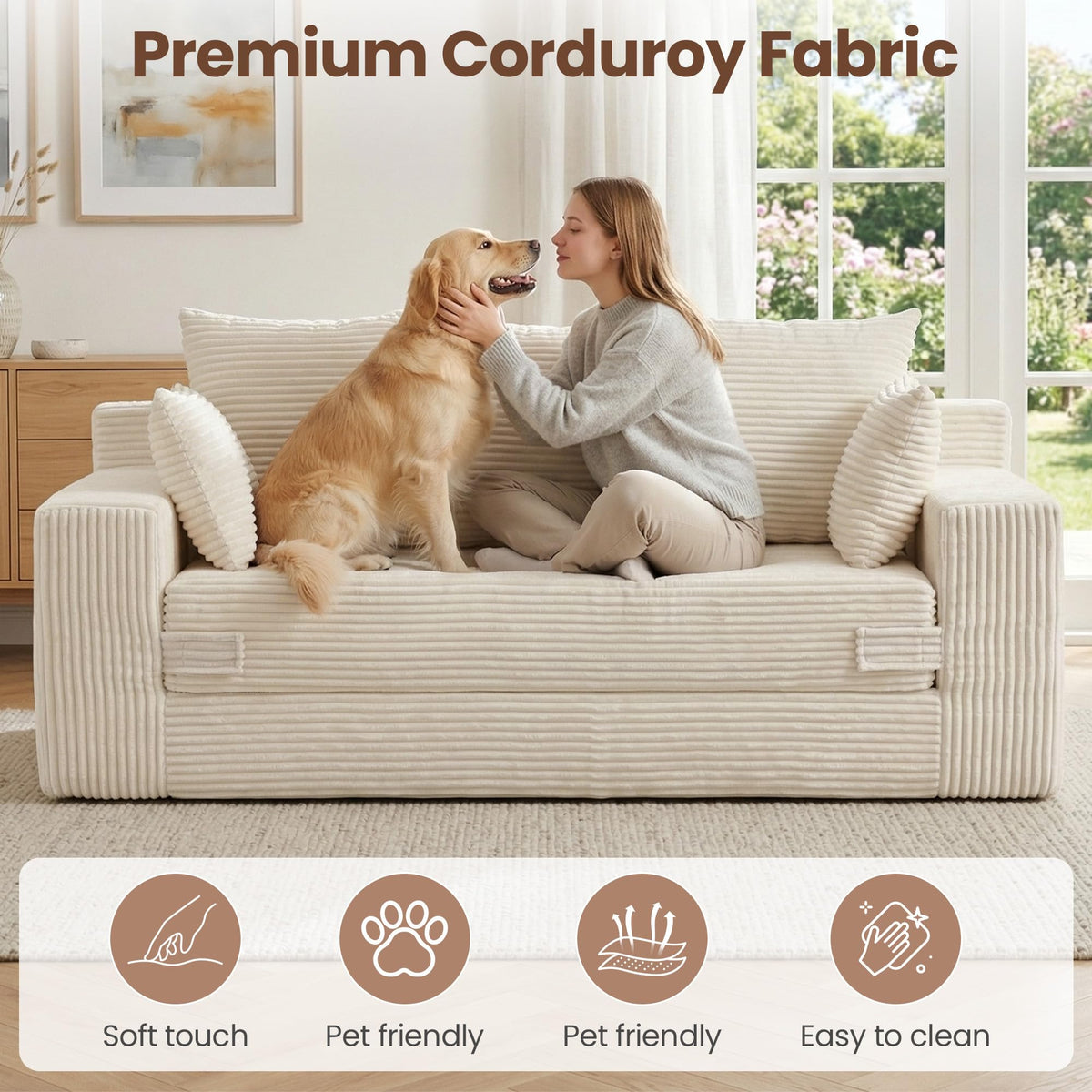 JUIKURY Boneless Couches 70 inch: 3-in-1 Convertible Sofa Bed Futon Couch Bed, Oversized Loveseat Sleeper Sofa with 5 Pillows, Beige Couch for Living Room, Bedroom & Small Space