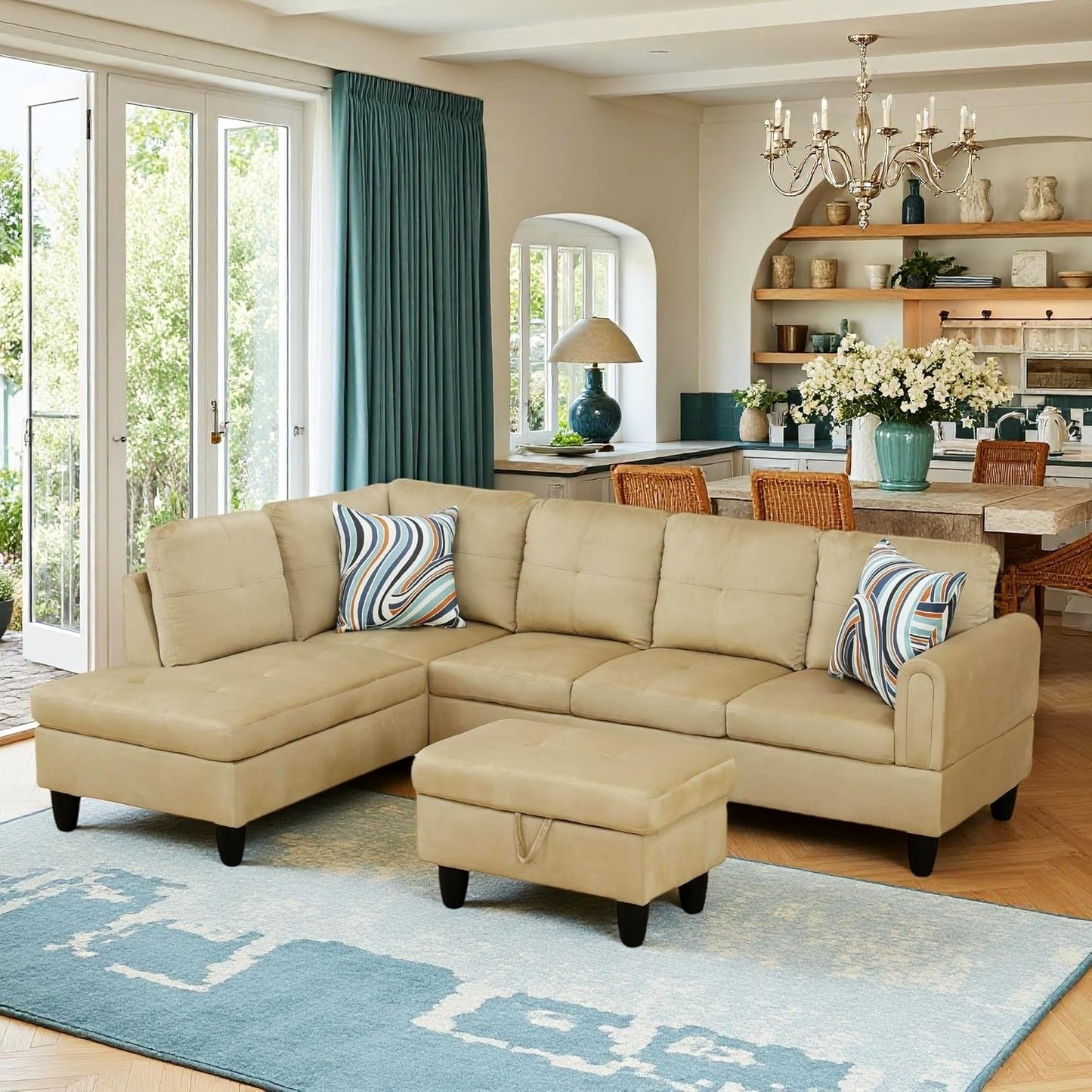 Trygoal 97" L Shaped Couch Sectional Couches with Chaise and Storage Ottoman, 3 Pieces Modular Convertible Sofa for Living Room Furniture Sets and Small Apartment, Beige
