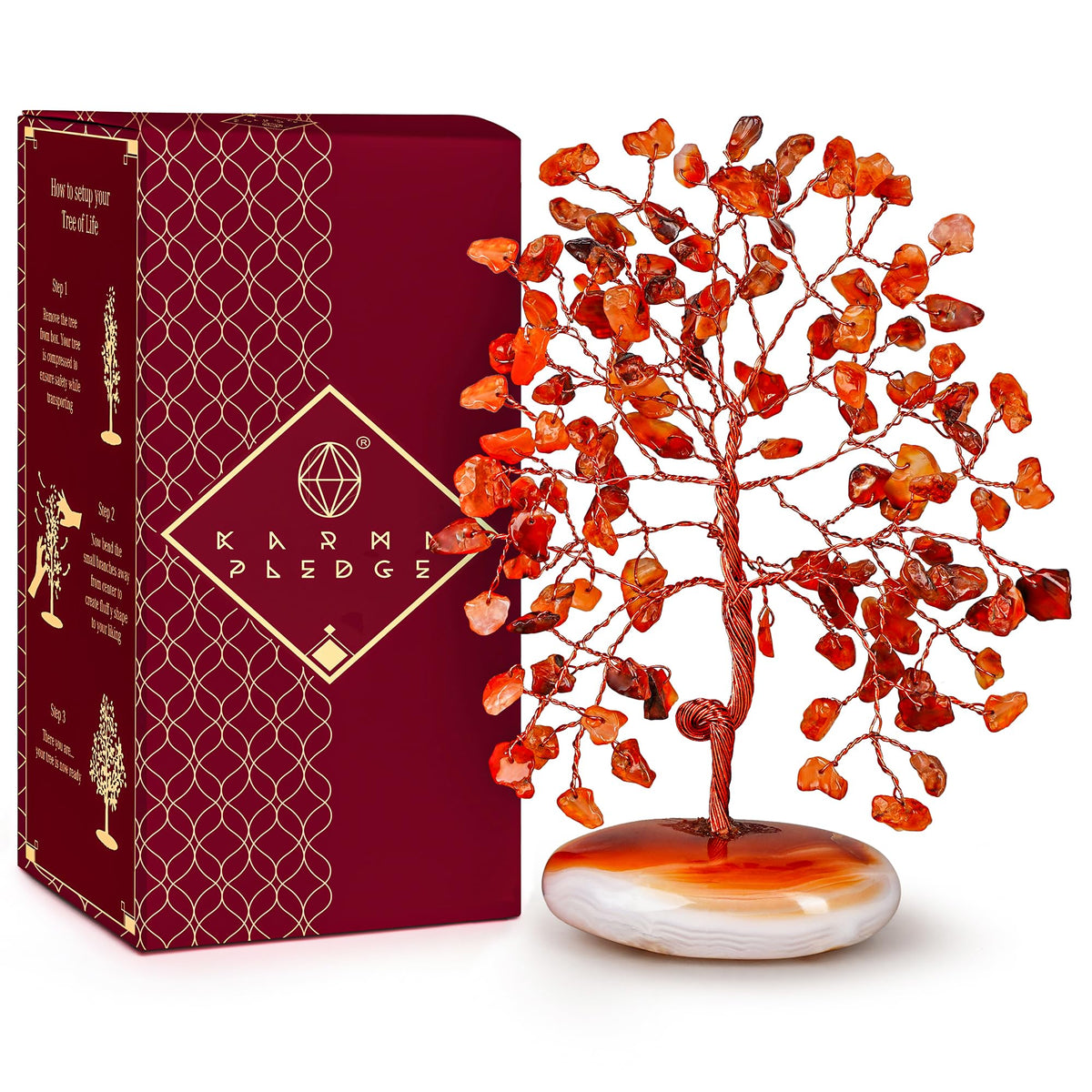 KARMAPLEDGE Crystal Tree of Life Home and Office Feng Shui Decor, Carnelian Healing Crystal Handmade Bonsai Tree for Positive Energy, Good Luck, Money, Christmas Decor, Birthday Gifts for Women, Mom