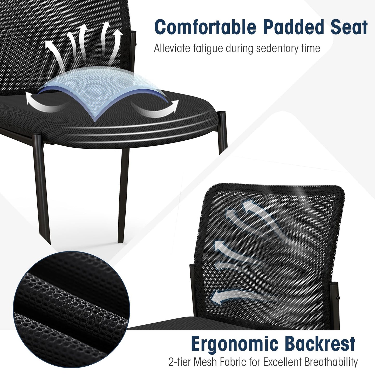 Giantex Waiting Room Chairs Set of 2 - Stackable Guest Chairs w/Ergonomic Backrest, Padded Seat, Lobby Chair for Conference, Meeting Room, Reception, Armless Desk Chair, Mesh Office Chairs (Black)