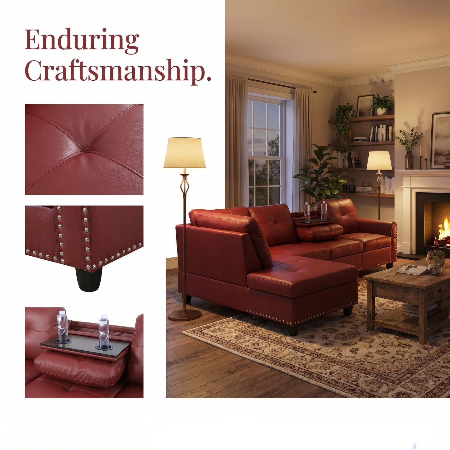 Topcomfy 97.5" Red L Shaped Couch Set Leather, Modular Sectional Couches for Living Room with Storage Ottoman, 4 Seat Home Sofa Living Room Furniture Sets with Chaise for Apartment Office