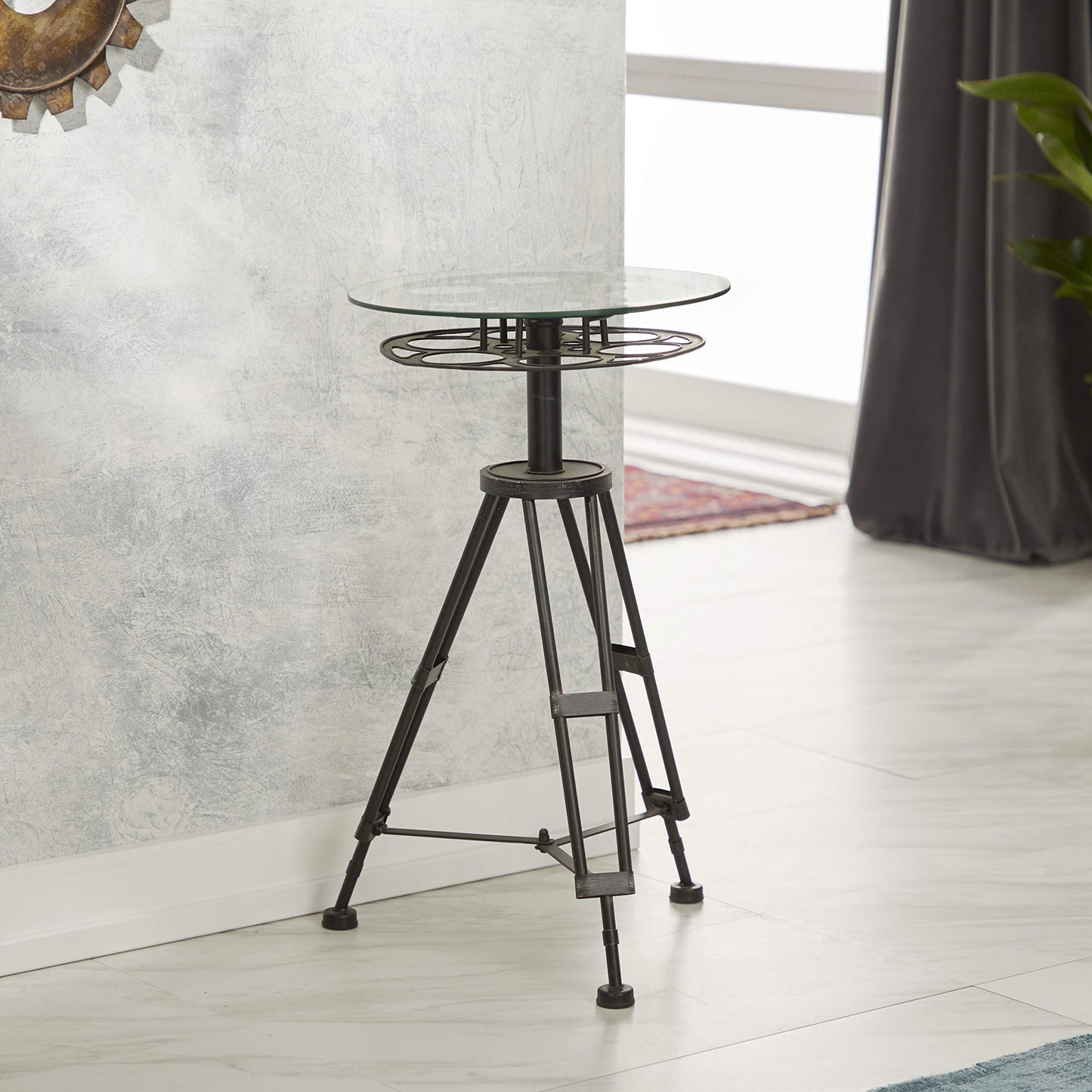 Deco 79 Metal Side End Accent Table Film Reel End Table with Tripod Legs and Glass Top, Side Table 15" x 15" x 25", Black