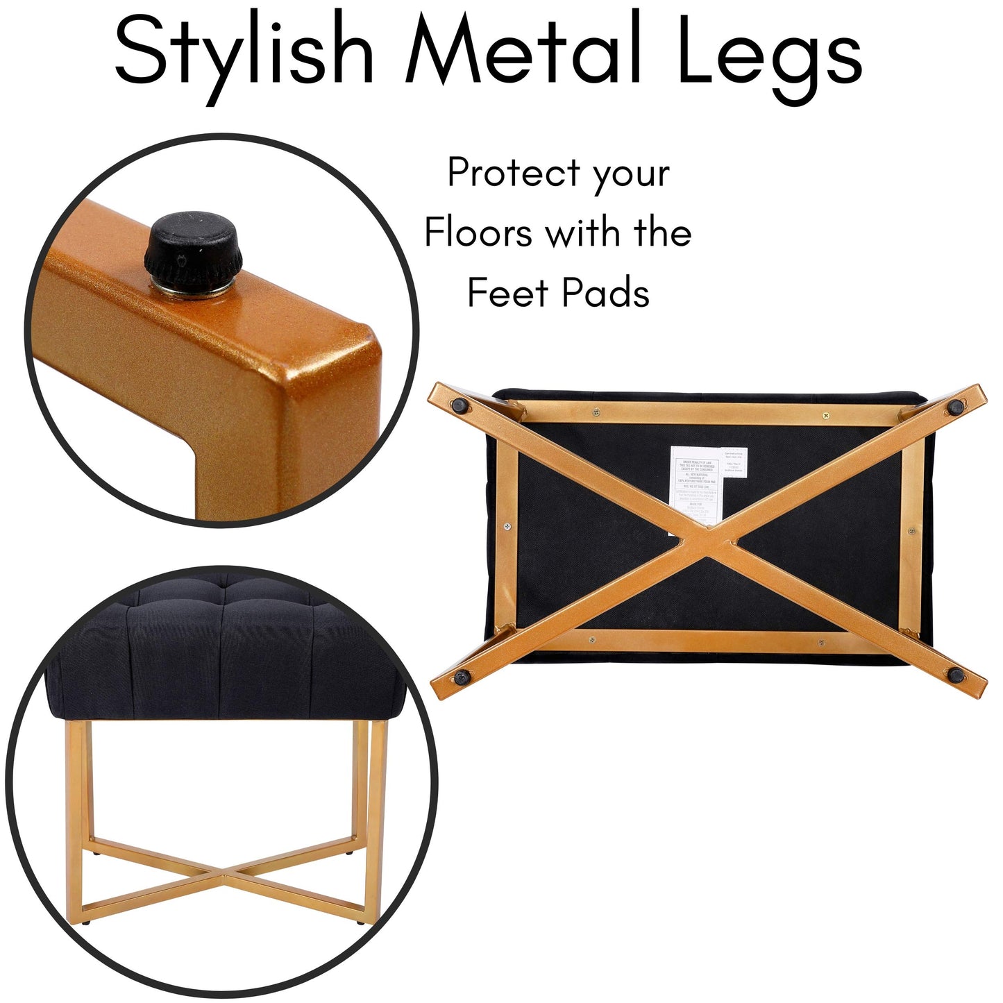 BIRDROCK HOME Rectangle Tufted Linen Ottoman Foot Rest - 19.7x11.82x17.73” Small Foot Stool with Legs - Padded Footrest Modern Ottomans for Living Room Furniture, Bedroom Footstool (Black)