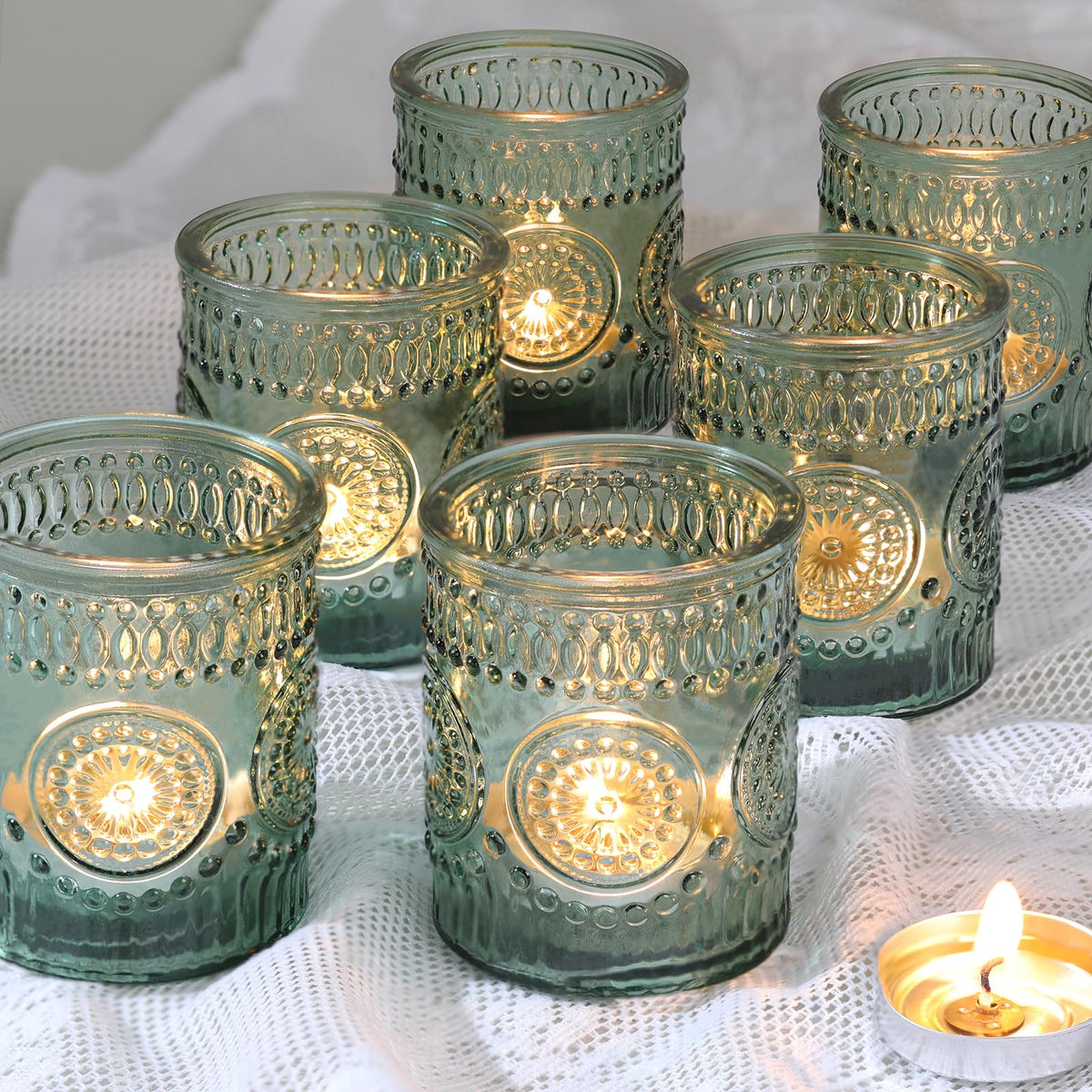 Lanttu 12pcs Green Votive Candle Holders，Glass Tea Lights Candle Holder Bulk for Birthday Parties, Weddings, Table Decorations, Candlelight Dinners