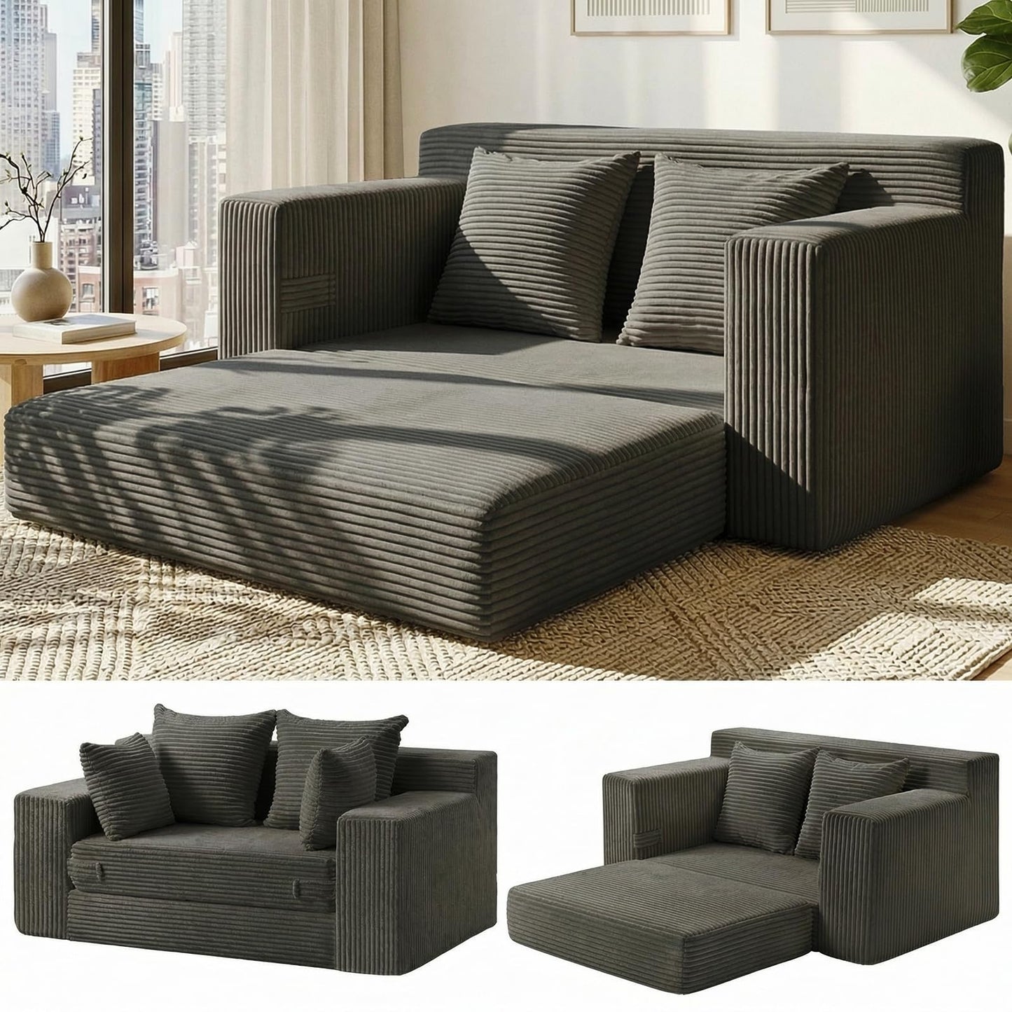 AOLVDOW Convertible Sofa Bed, 5 in 1 Small Boneless Couch Pull Out Loveseat Sleeper Sofa,Corduroy Futon Couch Folding Mattress with 4 Pillows for Living Room