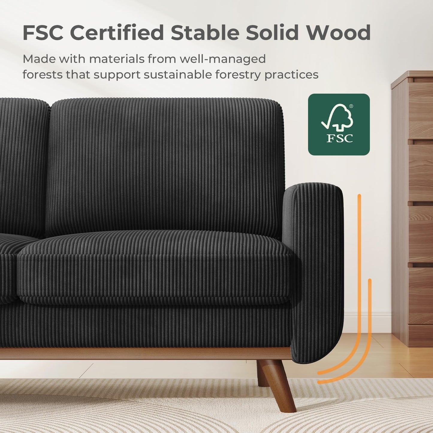 Vesgantti 68" Black Corduroy Loveseat Sofa, Modern Deep Seat Couch with Spring Cushion & Solid Wood Frame, Comfy Upholstered Loveseat for Living Room, Bedroom, Office & Small Space