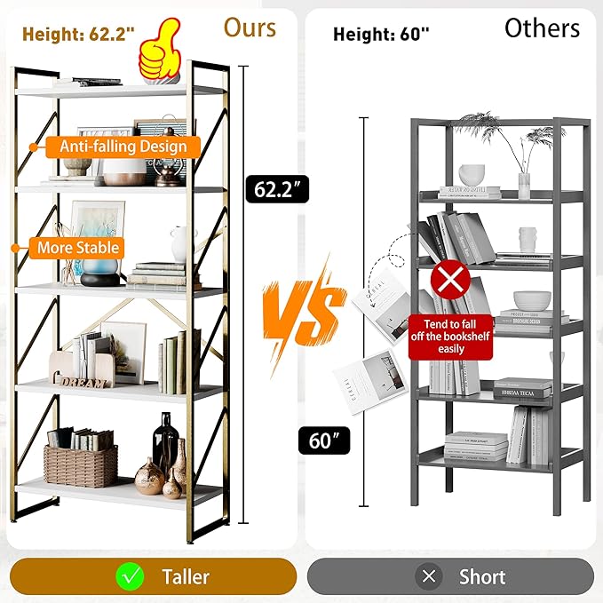 Shintenchi 5 Tiers Bookshelf, Classically Tall Bookcase Shelf, Industrial Book