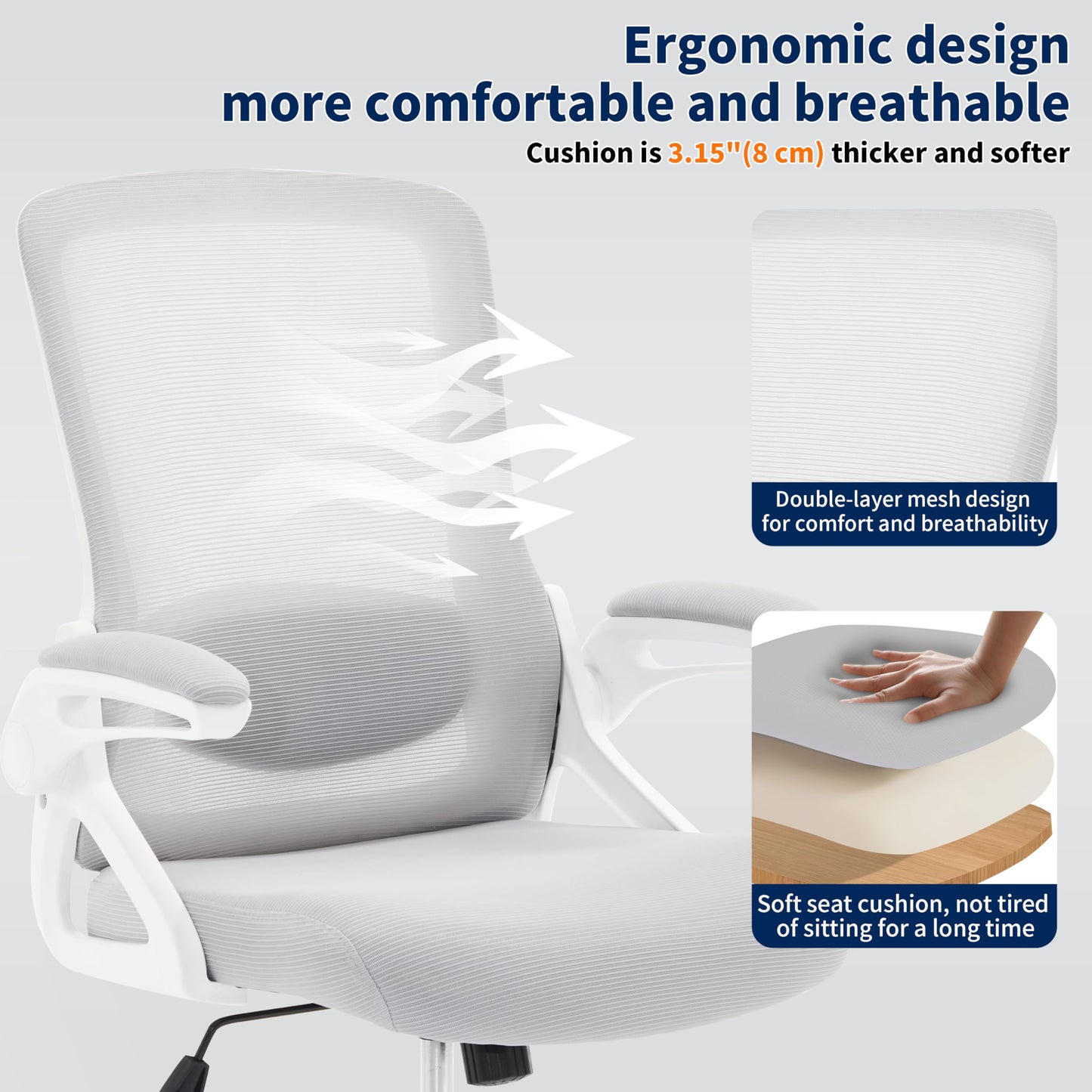 Nexthro Ergonomic Office Chair, Desk Chair with Adjustable Lumbar Support, Breathable Mesh Comfy Computer Chairs with Flip-up Armrests Executive Task Chair for Adults Home Office(Gray)