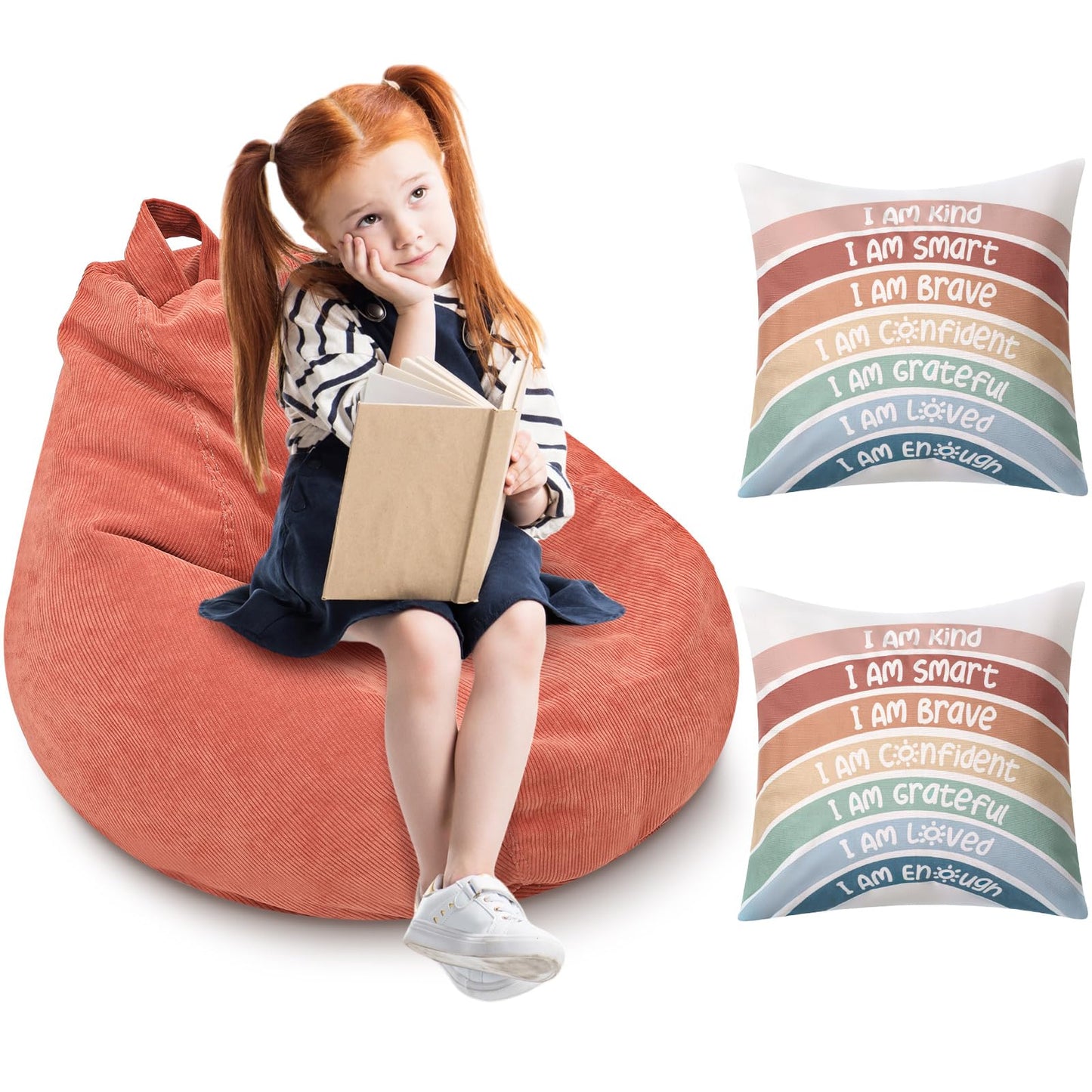 Cozy Corner for Kids Classroom, Plush Storage Bean Bag Cover (No Filler) and Rainbow Throw Pillow Covers, Reading Calming Corner Decor, Reading Nook, Nursery, Playroom Decor(Small,Rainbow,Dusty Pink)