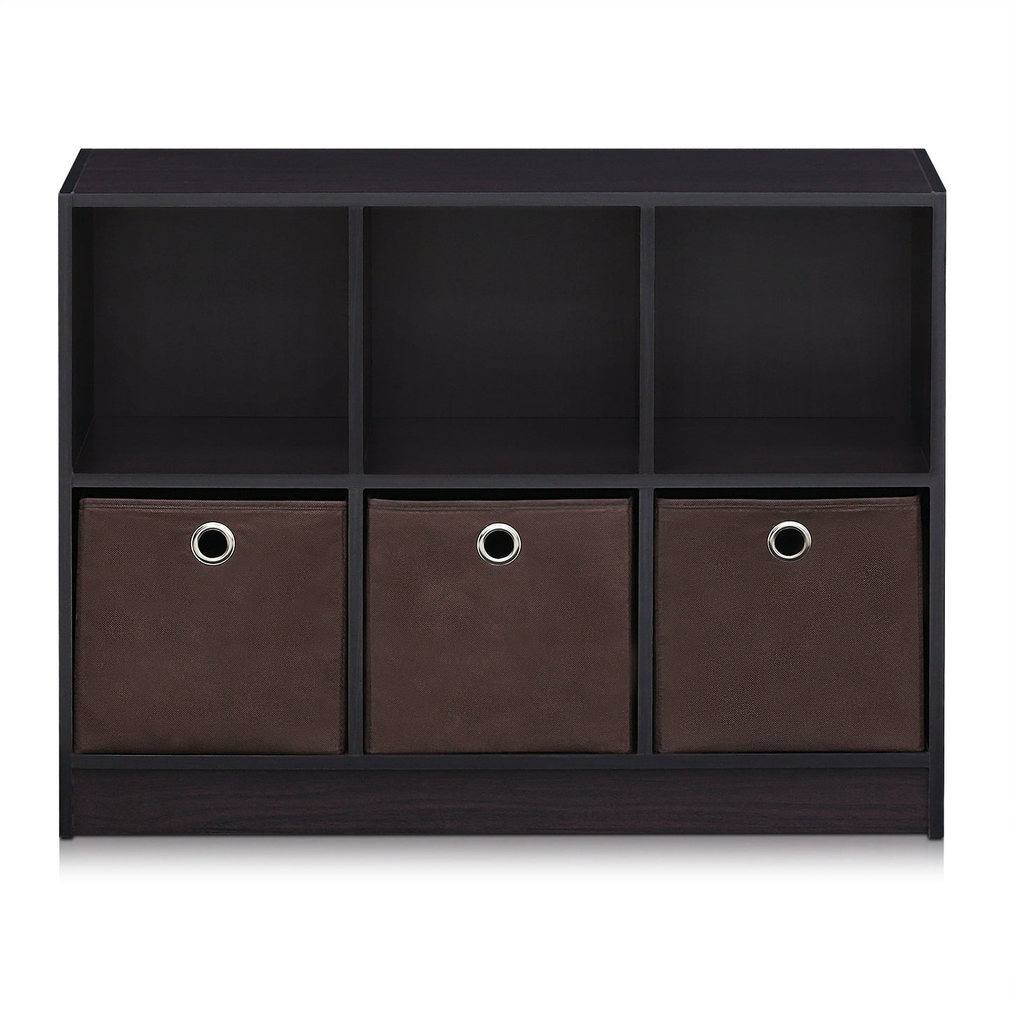 Furinno BASIC Book Shelf, 6-Cube Bookshelf with Open Shelf, 3 x 2 Bookcase with Storage Bins, Closed Back, Horizontal, 11.9 x 31.6 x 23.6, for Living Room, Bedroom, Home Office, Dark Walnut
