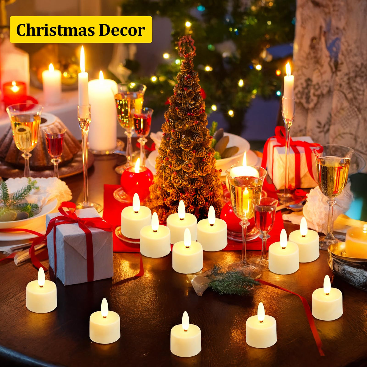 IMAGE 12-Pack Rechargeable Flameless Tea Lights with Charging Base Remote & Timer, Realistic 3D Flickering LED Candles for Home Decor, Weddings, Halloween and Christmas(1.53" x 2.17")