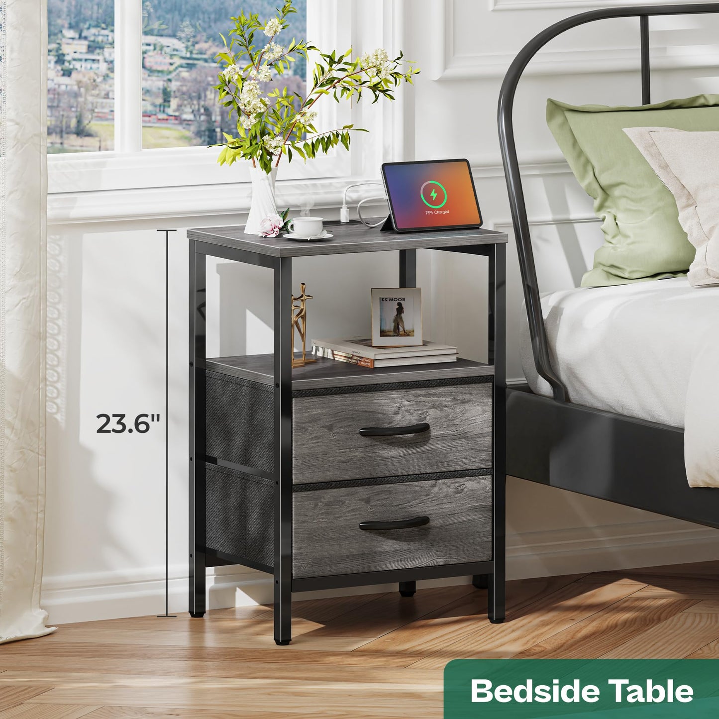 Huuger Nightstand with Charging Station, Fabric Drawers, End Table with Open Shelf, Bedside Table with USB Ports and Outlets, Night Stand for Bedroom, Gray