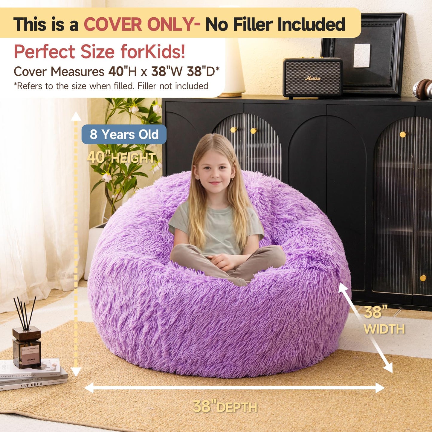 Lavender shaggy bean bag chair covers (No Filler), comfy Faux Fur Lavender bean bag chair Cover for bedroom, stuffed animal Storage, kids adults teens girls bean bag chairs, Anti-Slip