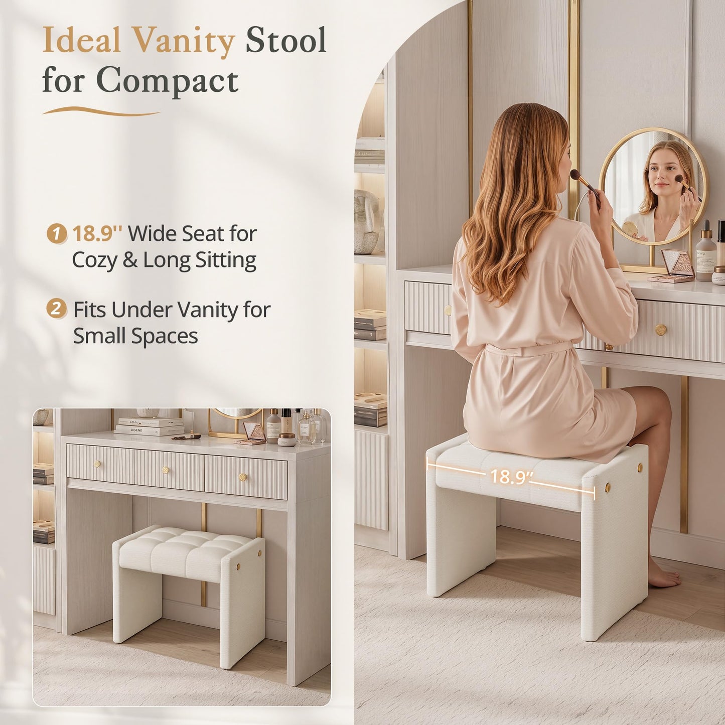 LUE BONA Modern Grid Tufted Vanity Bench Stool, 4.33'' Thick Chenille Upholstered Ottoman Footstool for Makeup Room, Bedroom & Living Room, 200lbs Capacity, White