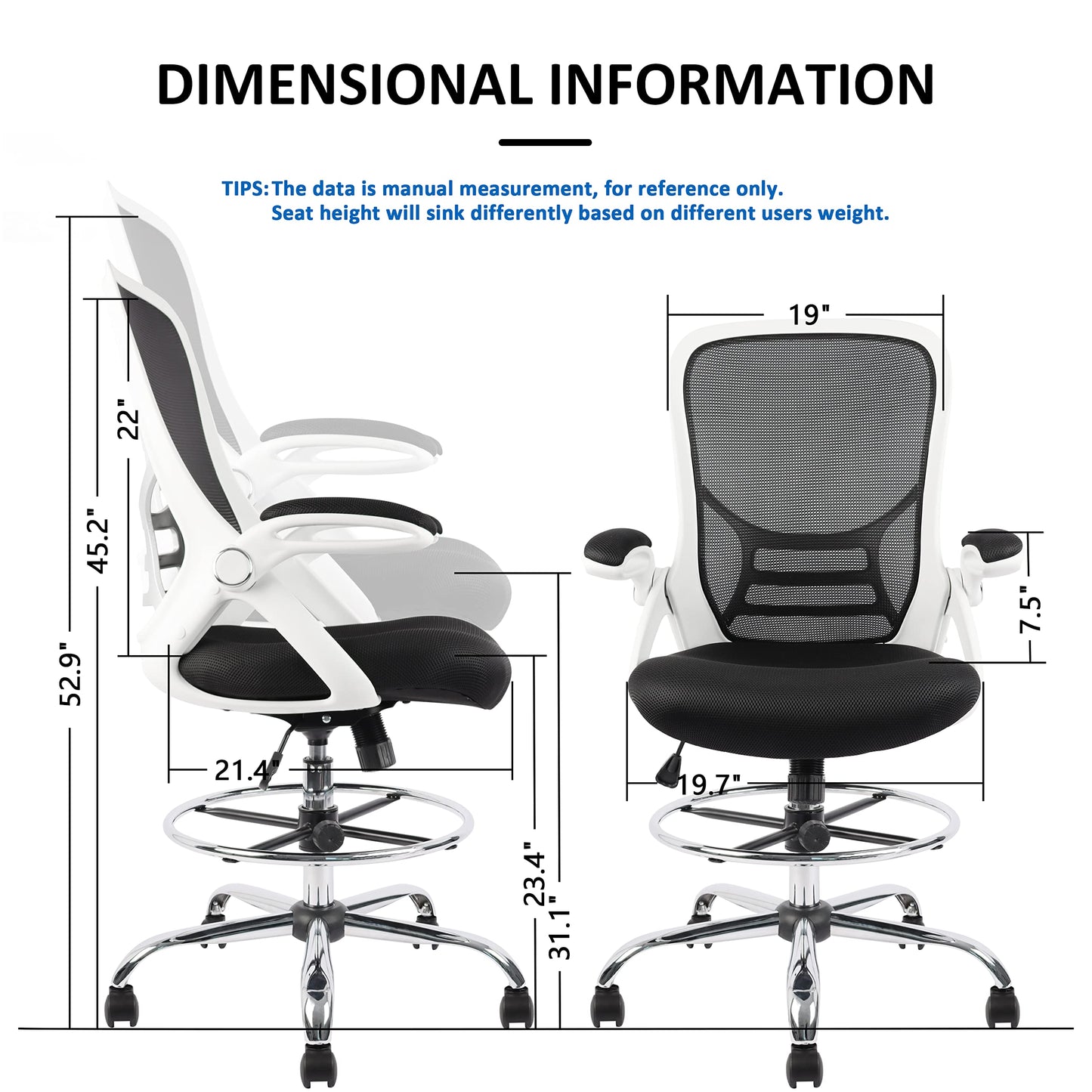 HYLONE Drafting Chair, Tall Office Chair Mesh Standing Desk Stool with Adjustable Foot Ring, Flip-Up Arms, White & Black