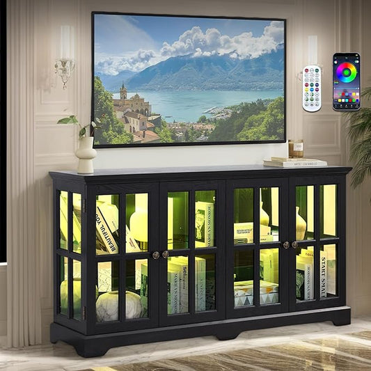 59" W LED Curio Cabinet with 7 Color Lights, Vintage Glass Display Case with