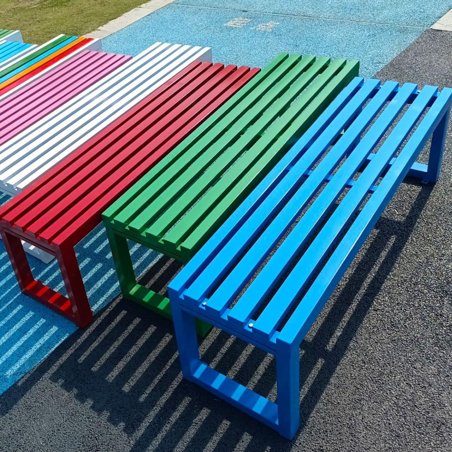 Weatherproof Metal Garden Bench, Steel Frame, Backless Design for Outdoor Lawn & Yard, Durable Seating for Parks, Schools & Patios,Blue,39.37in/100cm