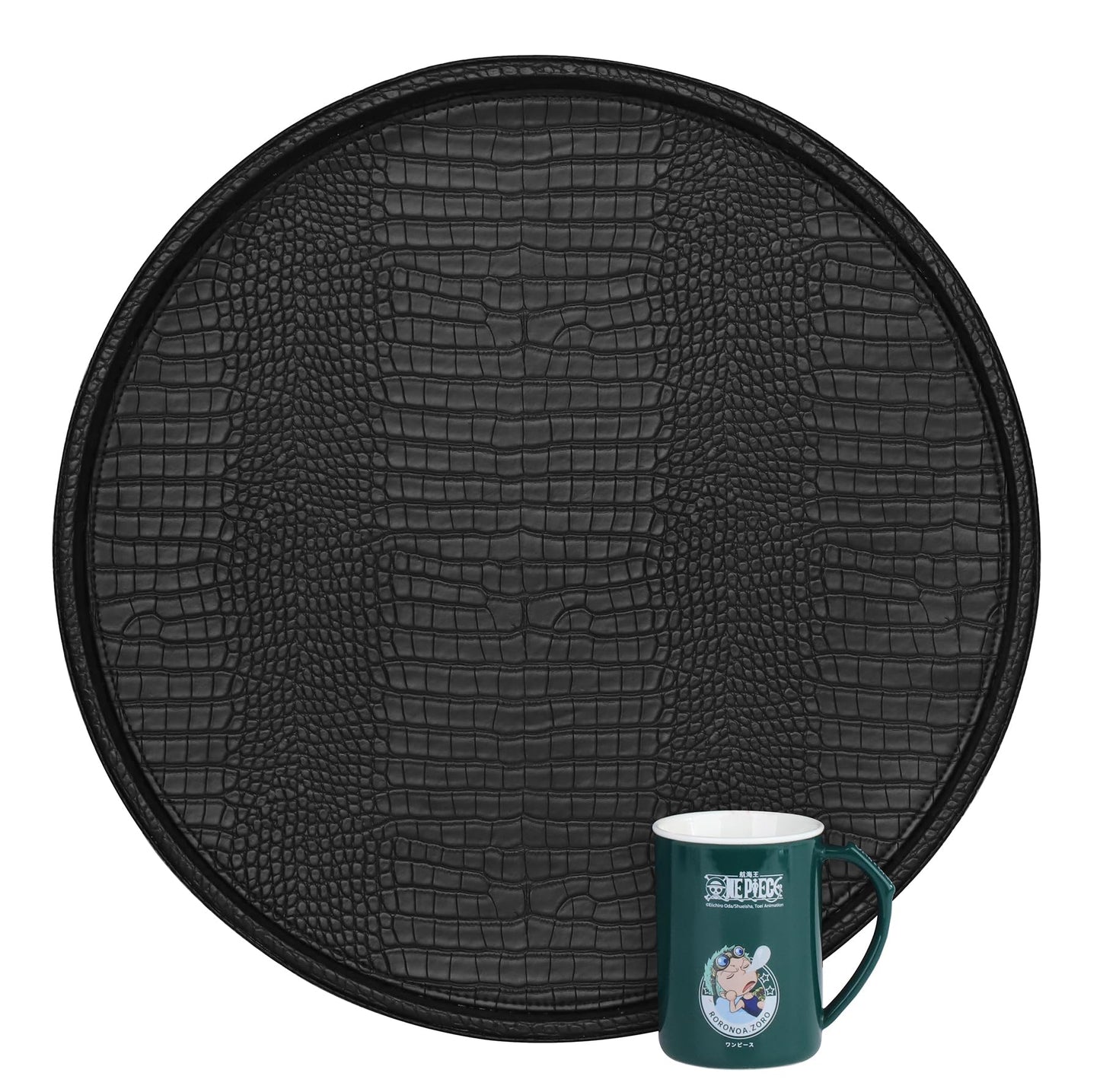 HofferRuffer Round Serving Tray 20'', Elegant Faux Leather Circle Ottoman Table Tray, Serve Tea Coffee Breakfast in Bedroom Living Room Kitchen (Classic Black)