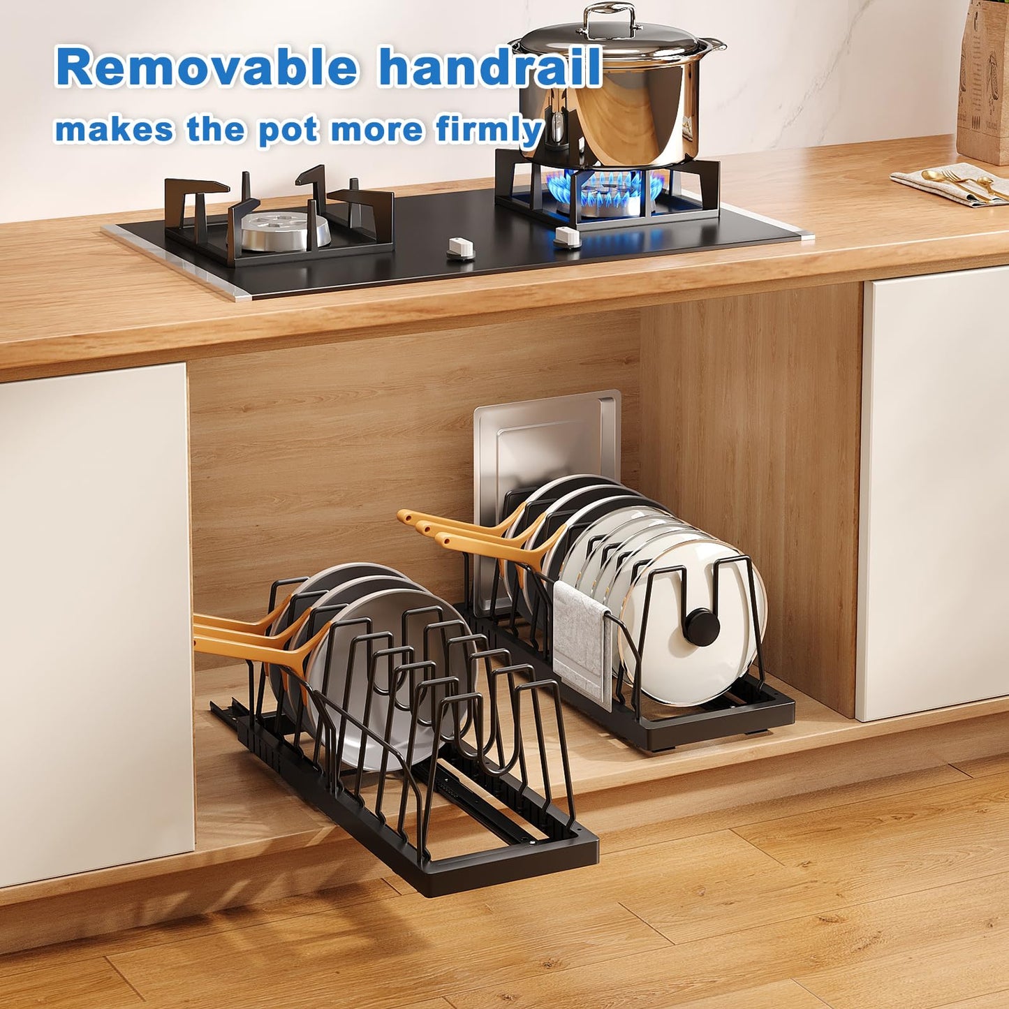 Mustorn 2 Pack Pots and Pans Organizer Under Cabinet, 21.6" Deep Pull Out Pot Lid Organizer Holder with Guardrail Adhesive Pot and Pan Holder Rack with 10 Adjustable Dividers(Black)