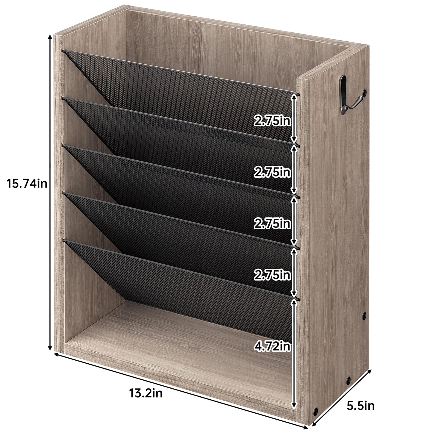 Creso hom Mail Organizer Wall Mounted, 6-Tier Wall File Organizer with 2 Hooks, Wooden Desk Organizer Magazine Holder with Bottom Flat Tray, for Office Home, Greige