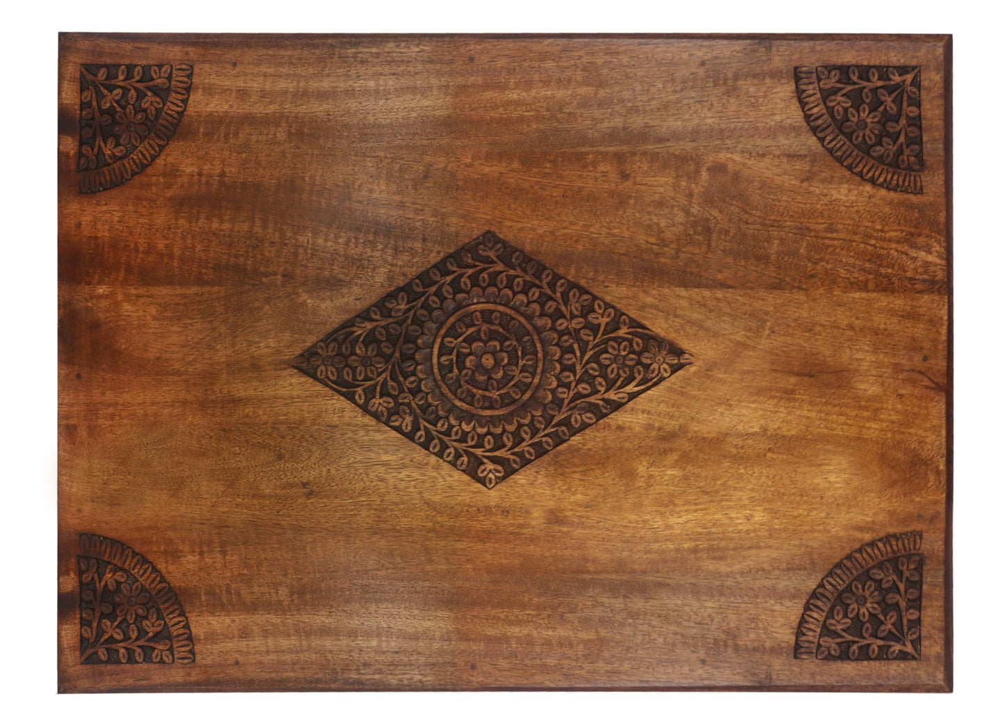 COTTON CRAFT Hand Carved Solid Wood Coffee Table with Storage Shelf – Antique Brown 100% Mango Wood Center Table for Living Room – Easy Assembly Rustic Farmhouse Cocktail Table - 30.5 x 21.5 x 18 H