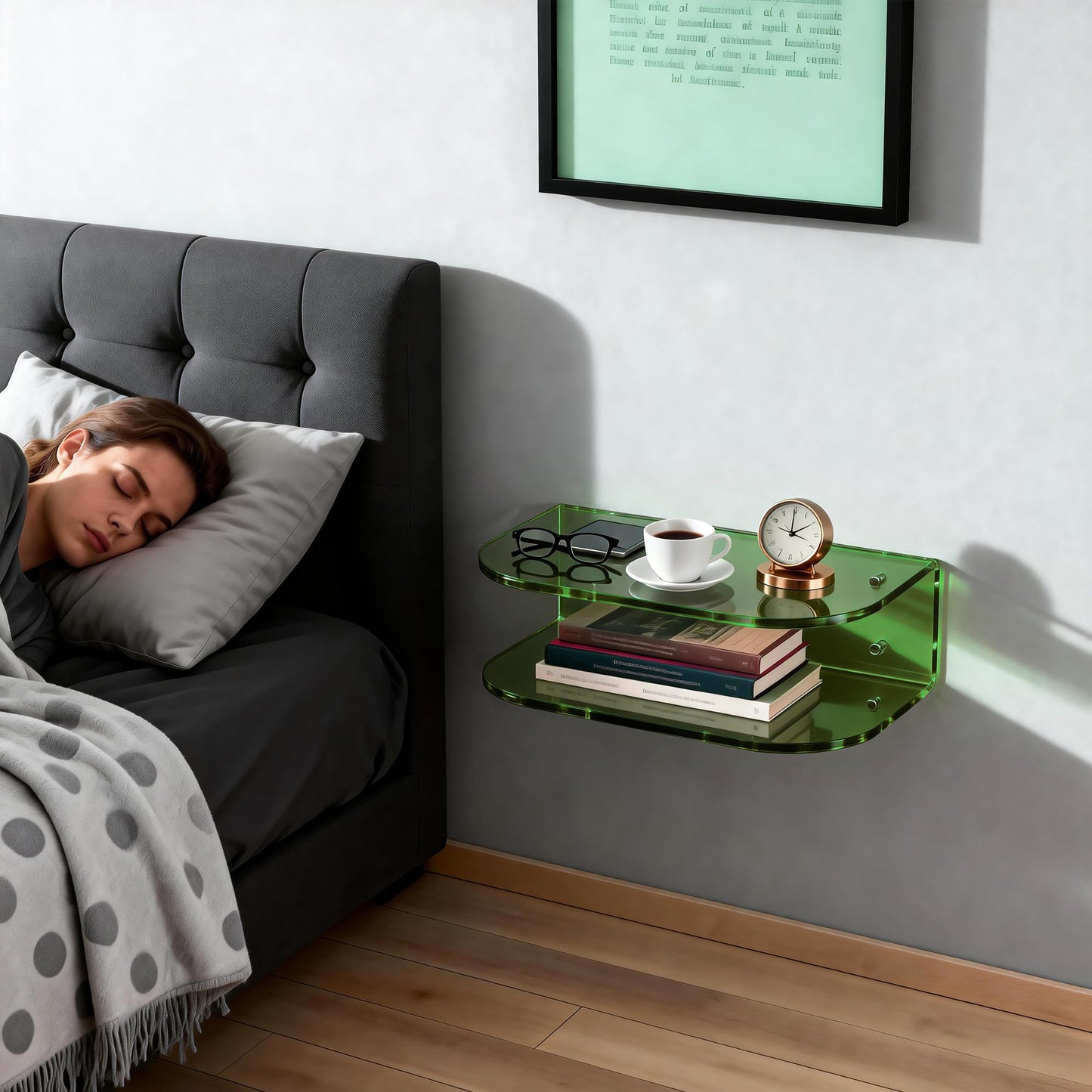 Dewrhiixe Acrylic Floating Nightstand, Wall Mounted Bedside Table Shelf (Green, 15.7”×9.4“×5.9”)