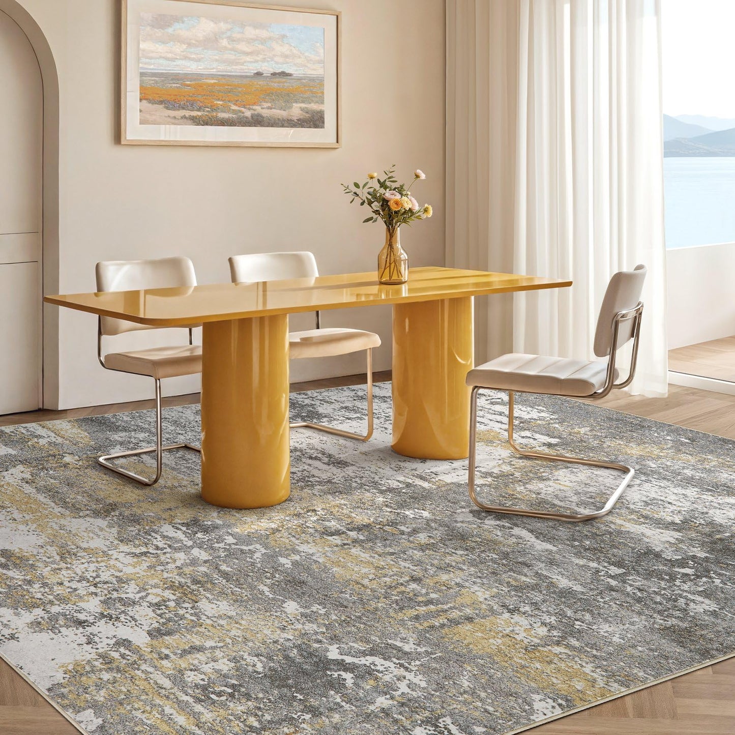 Micgeek Area Rug Living Room - 9X12 Abstract Washable Large Soft Foldable Non Slip Rug Neutral Modern Low Pile Carpet for Bedroom Nursery Dining Room Farmhouse Home Office Indoor - Grey Gold