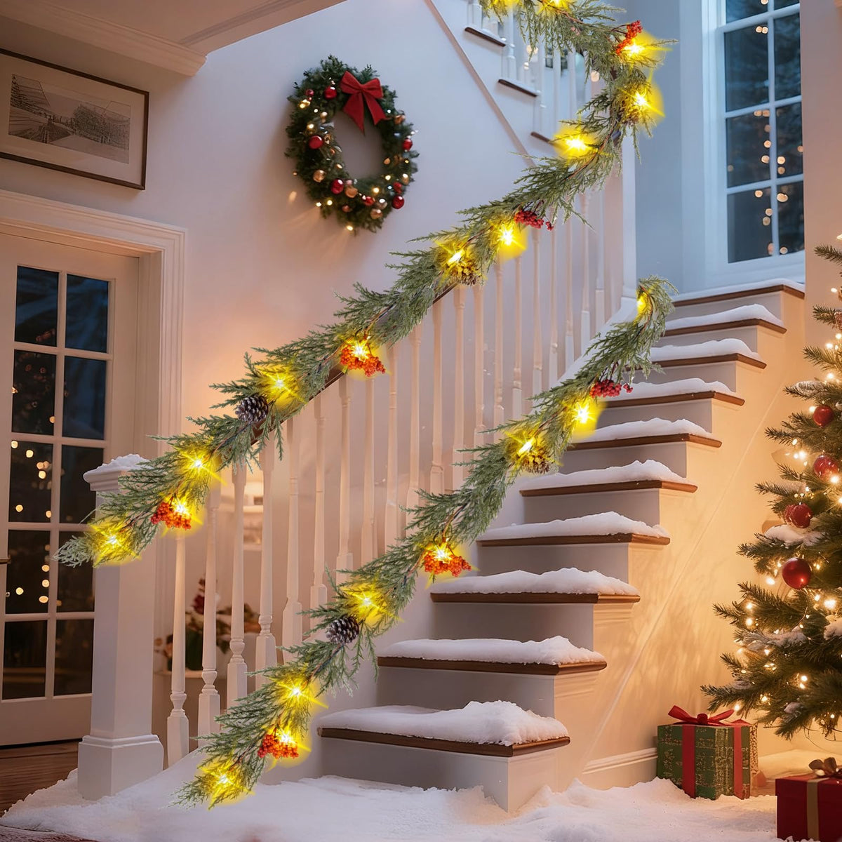 HUZIYAHAN Prelit Christmas Garland with Lights 9FT Christmas Tree Lighted Garland Outdoor Indoor Battery Operated Garland for Mantel Table Porch Stair Wall Winter Home Holiday Christmas Decorations